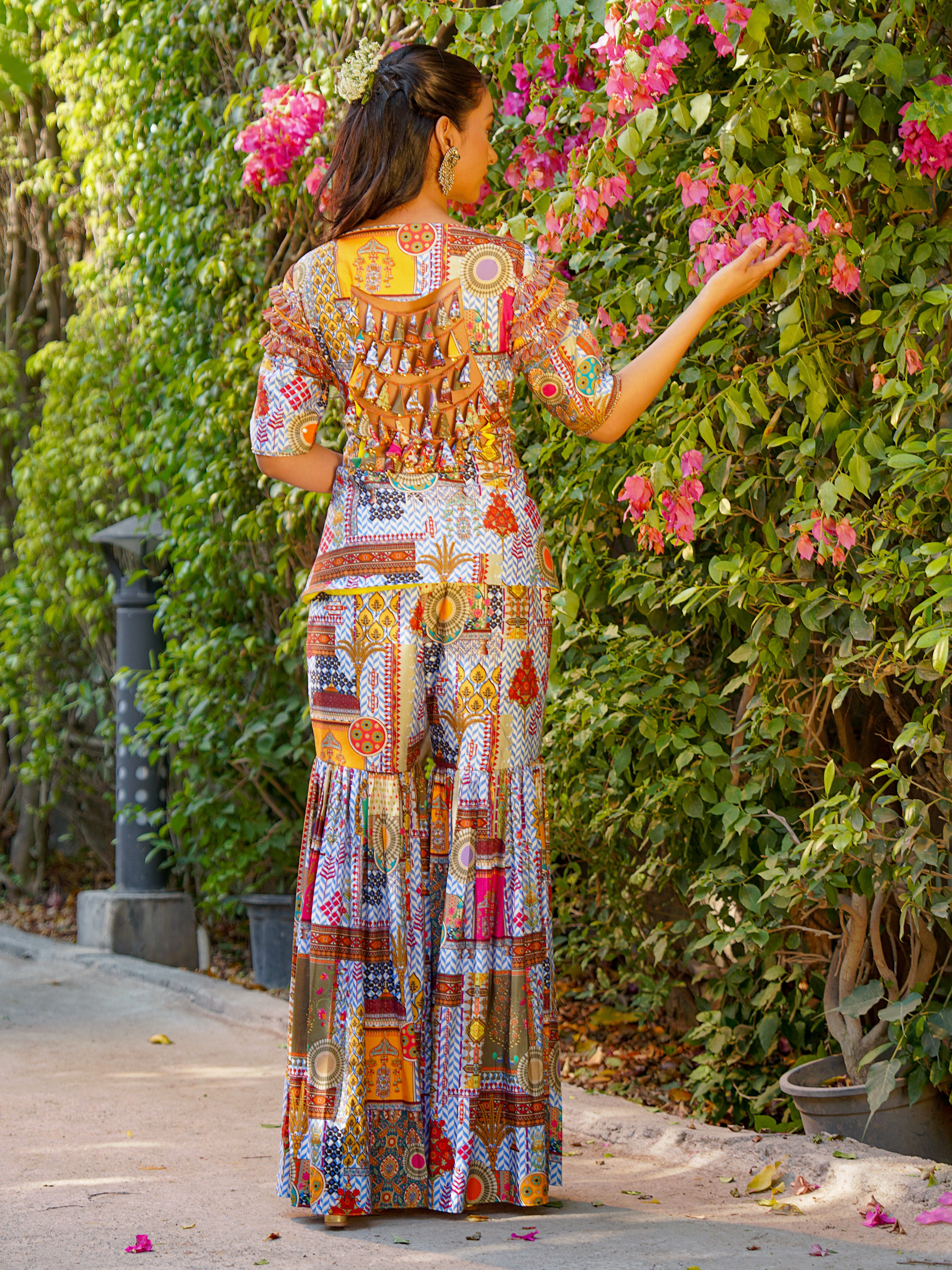 sky mosaic embroidered peplum cut bodice with sharara pants