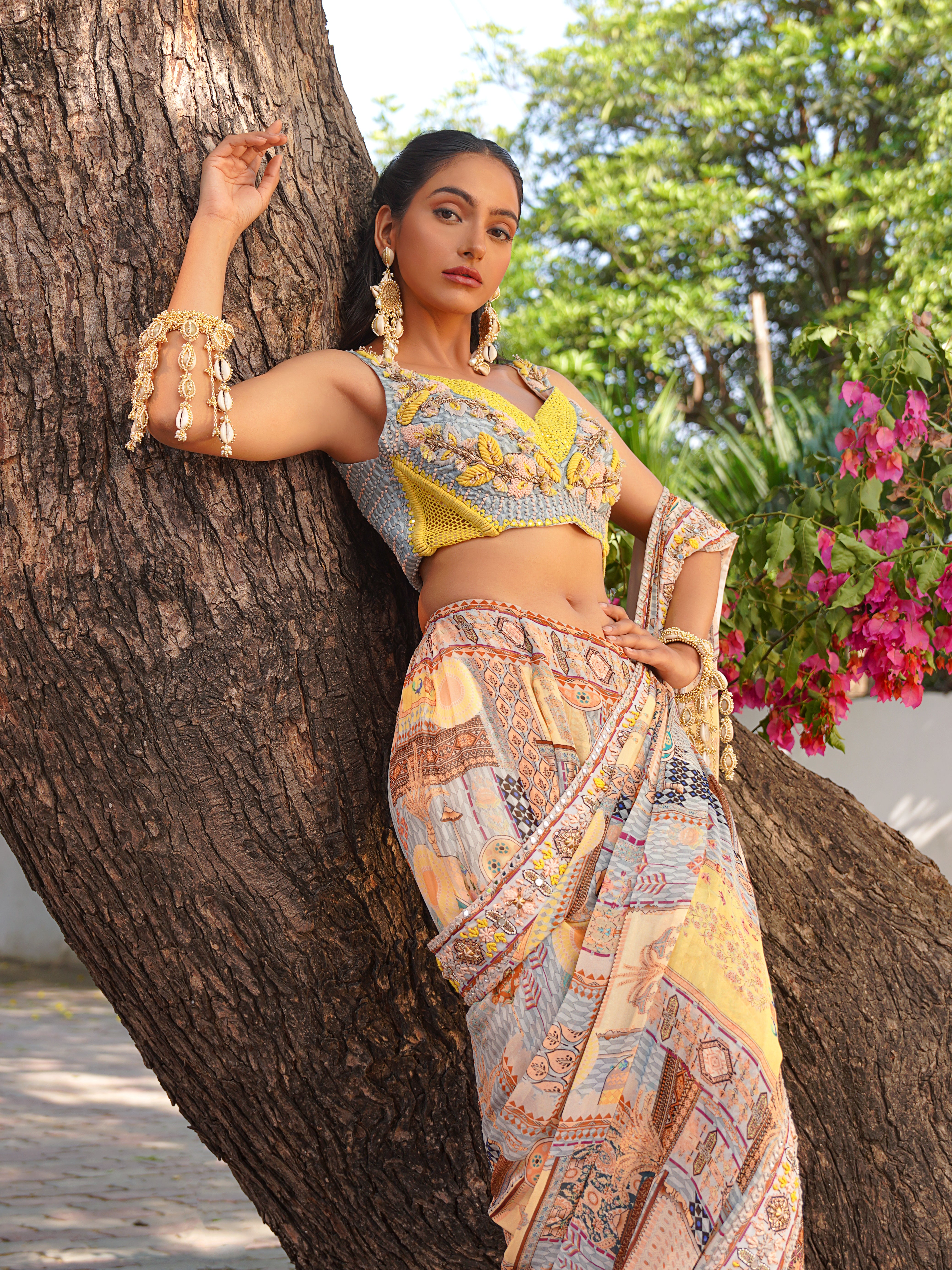 Multi-Coloured Embroidered Drape Saree in Lemon & Sky