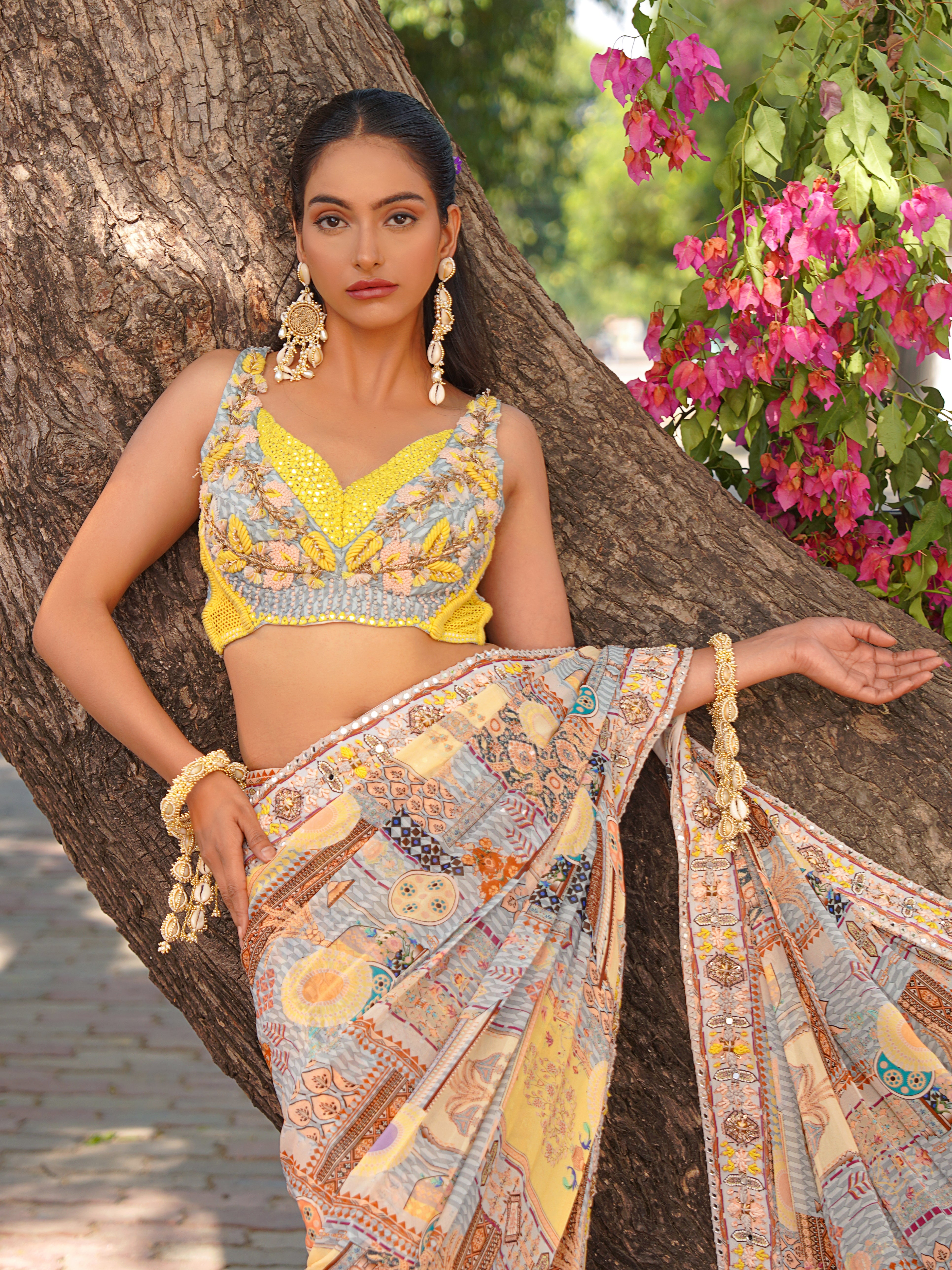 Multi-Coloured Embroidered Drape Saree in Lemon & Sky