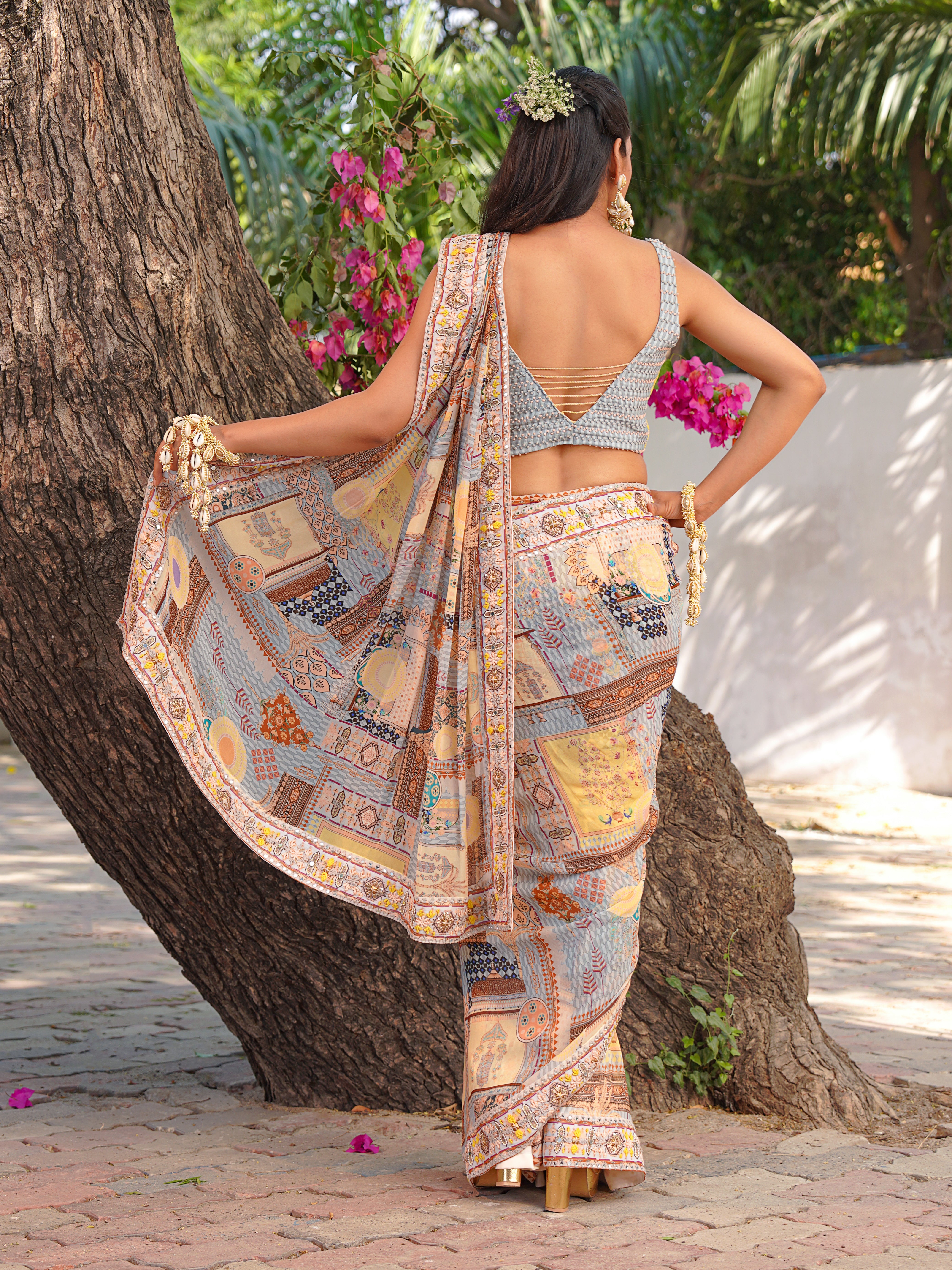 Multi-Coloured Embroidered Drape Saree in Lemon & Sky