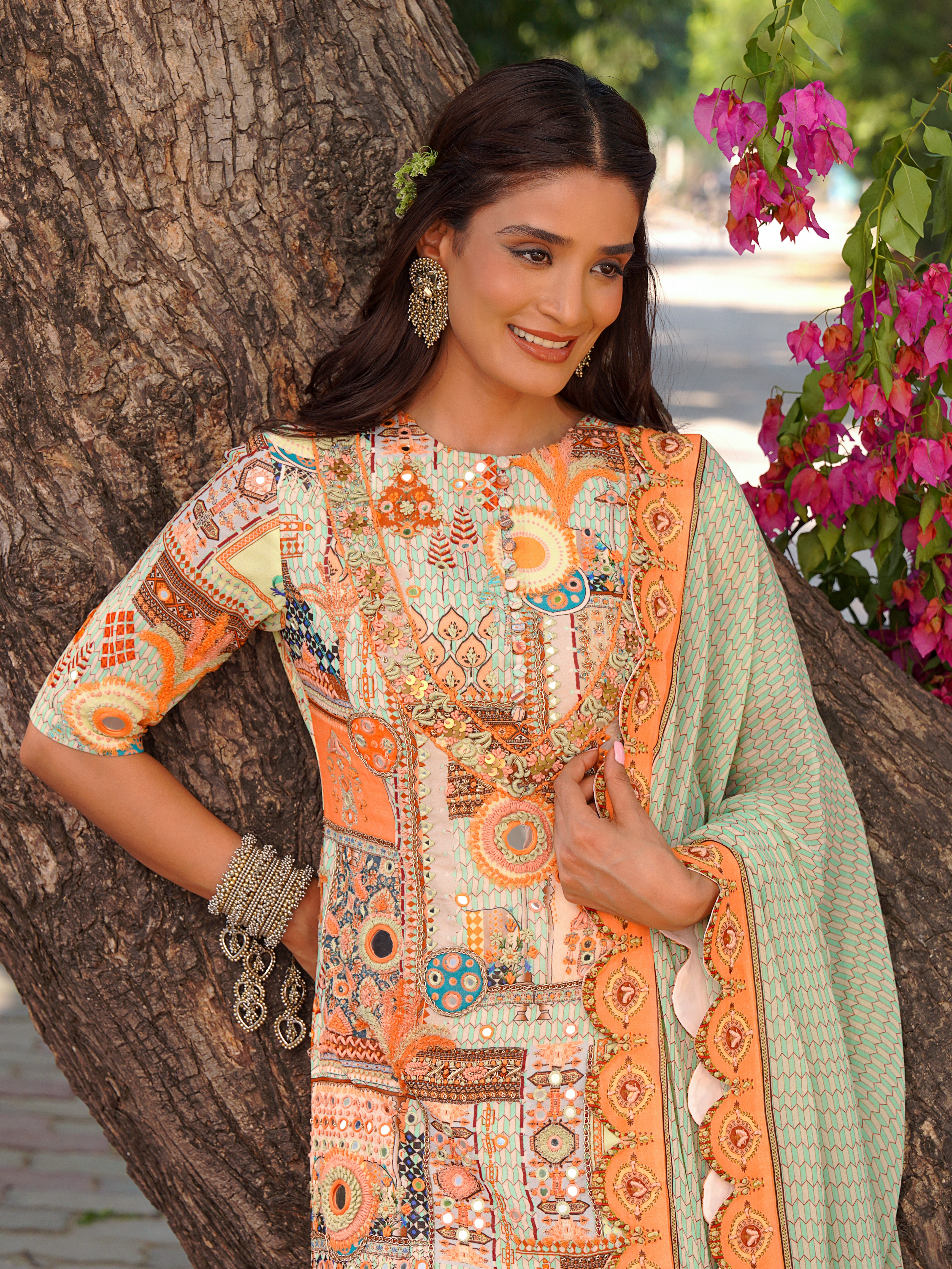 mint multi coloured short Kurti with flared sharara and dupatta