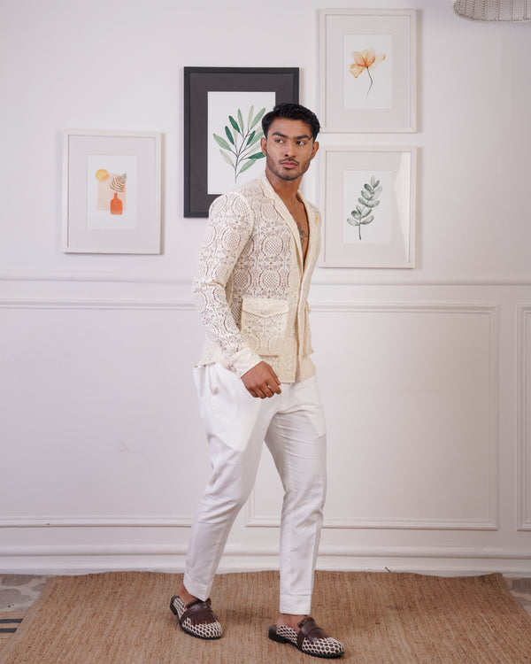 Crochet blazer style shirt with pants
