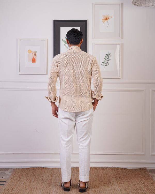 Crochet lapel shirt with off white pants