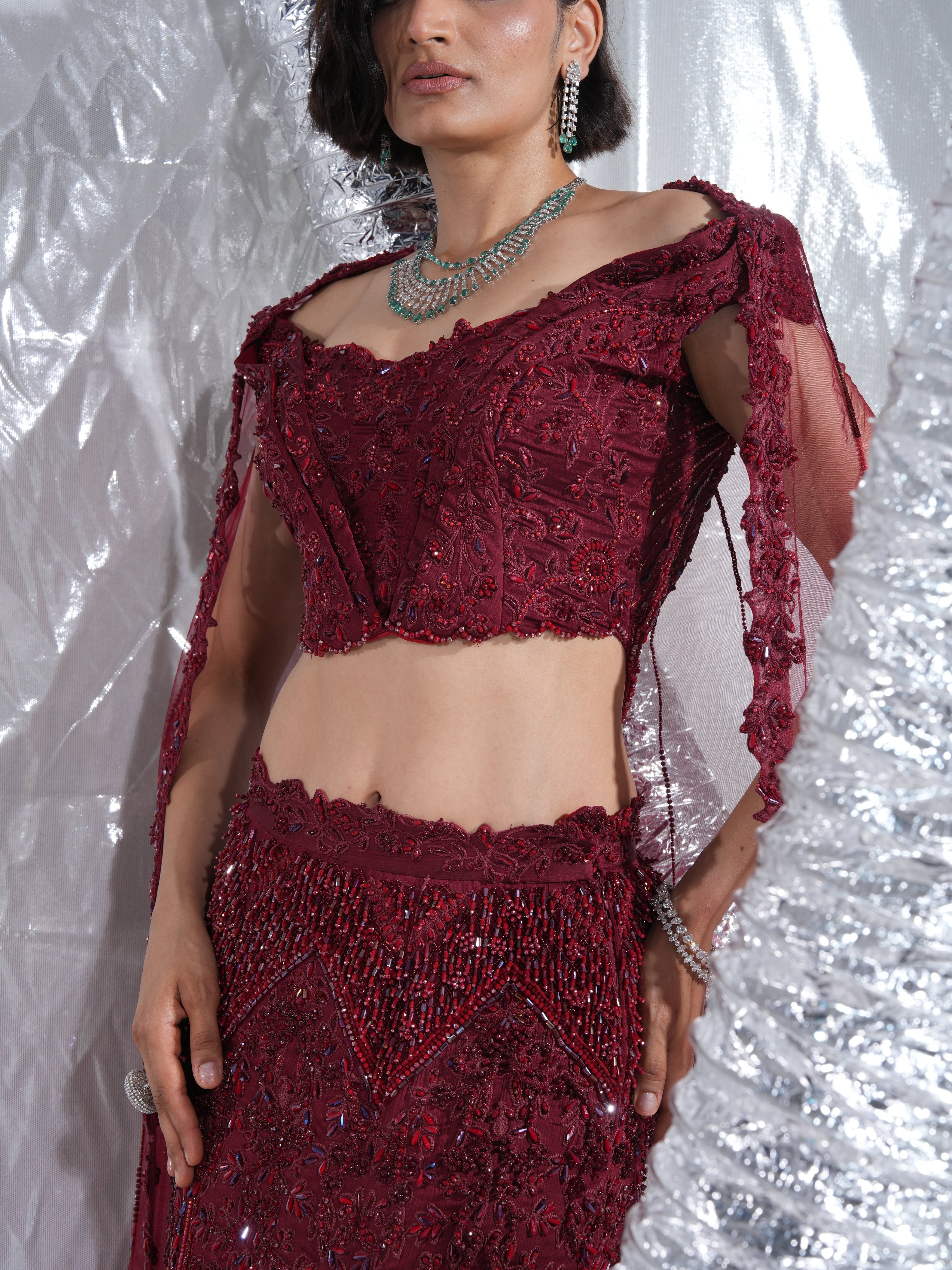 Red bridal lehenga, fish cut neo