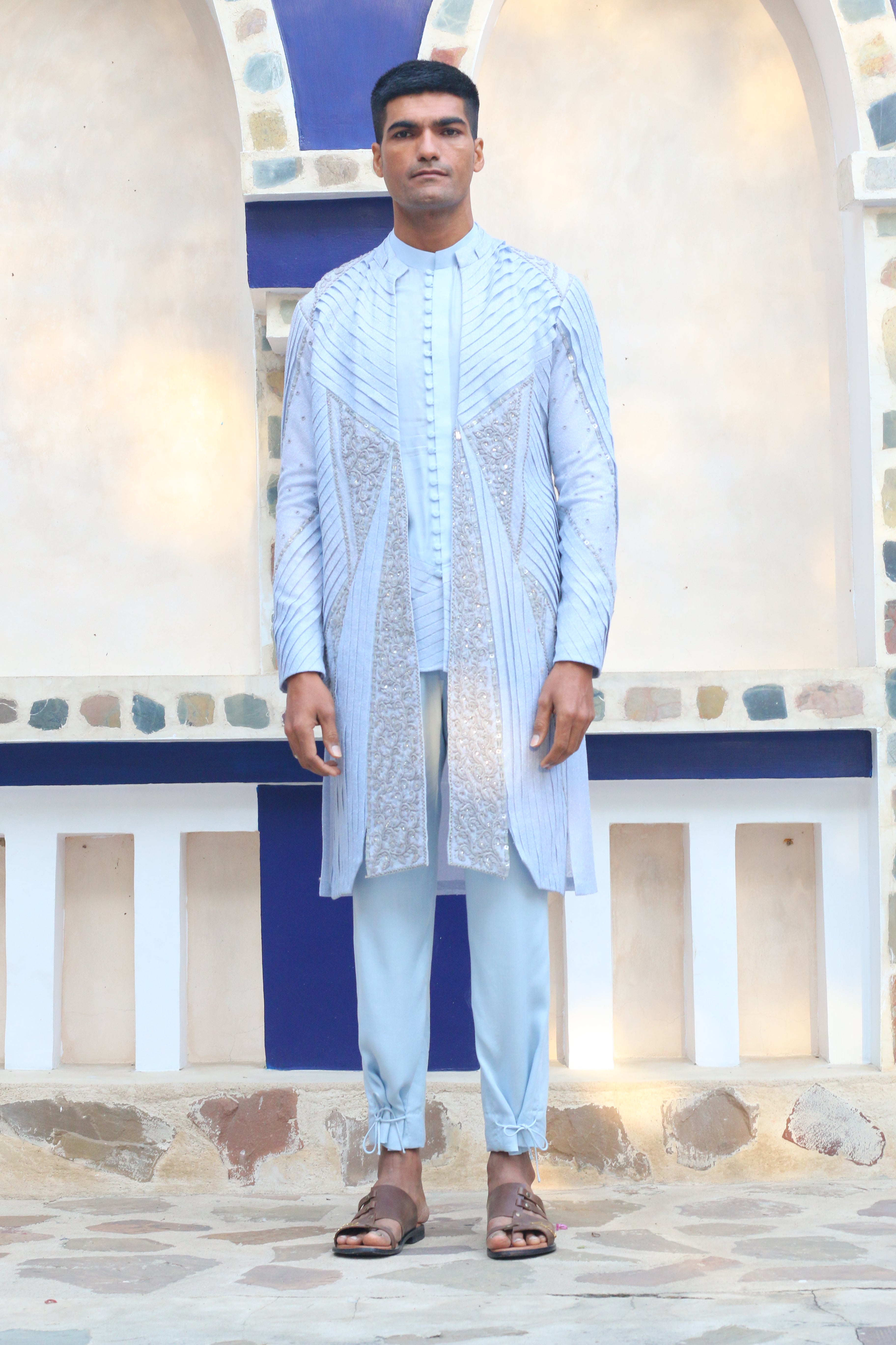 COLUMBIAN BLUE OVERLAY SHRUG WITH SHIRT AND PANTS