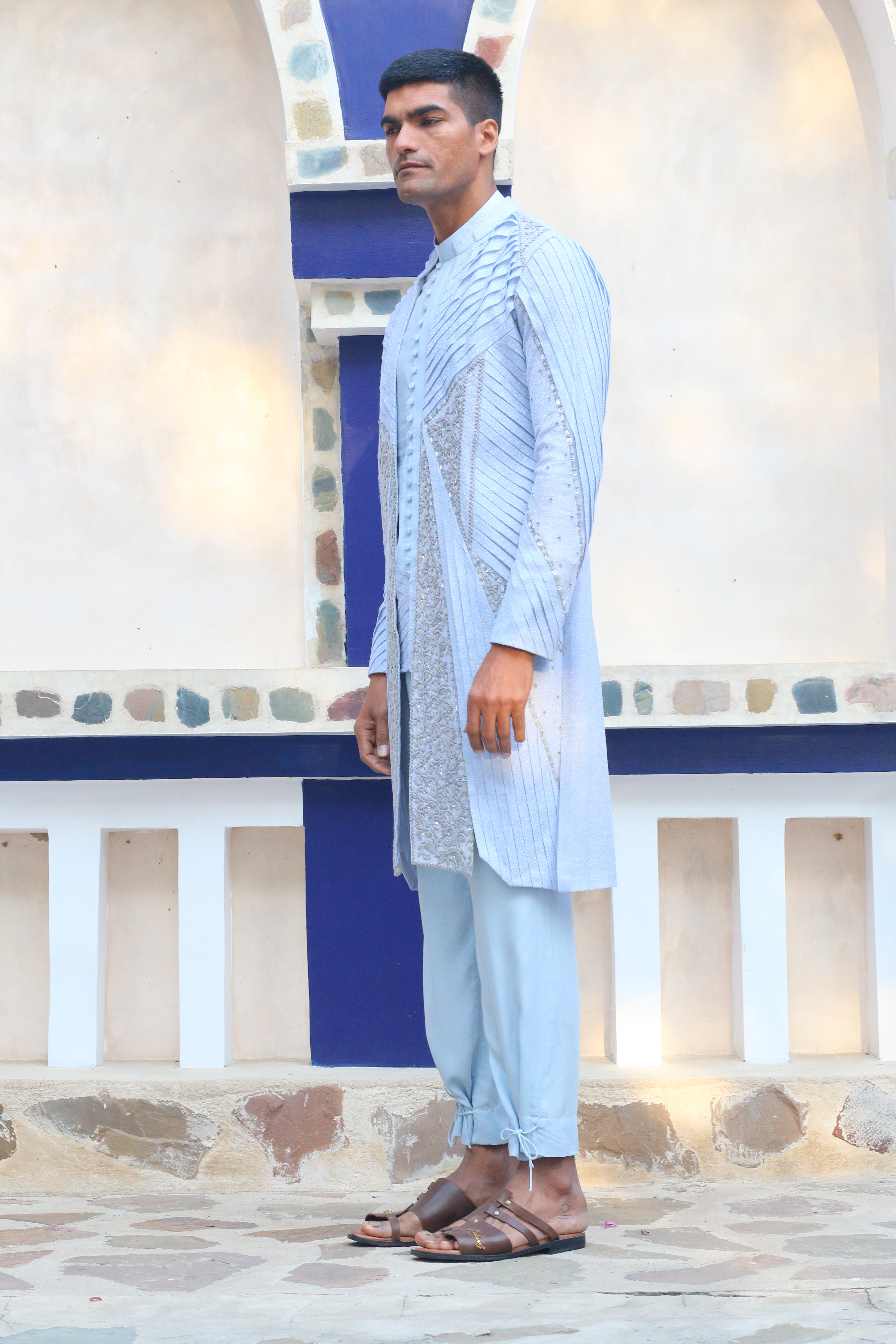 COLUMBIAN BLUE OVERLAY SHRUG WITH SHIRT AND PANTS