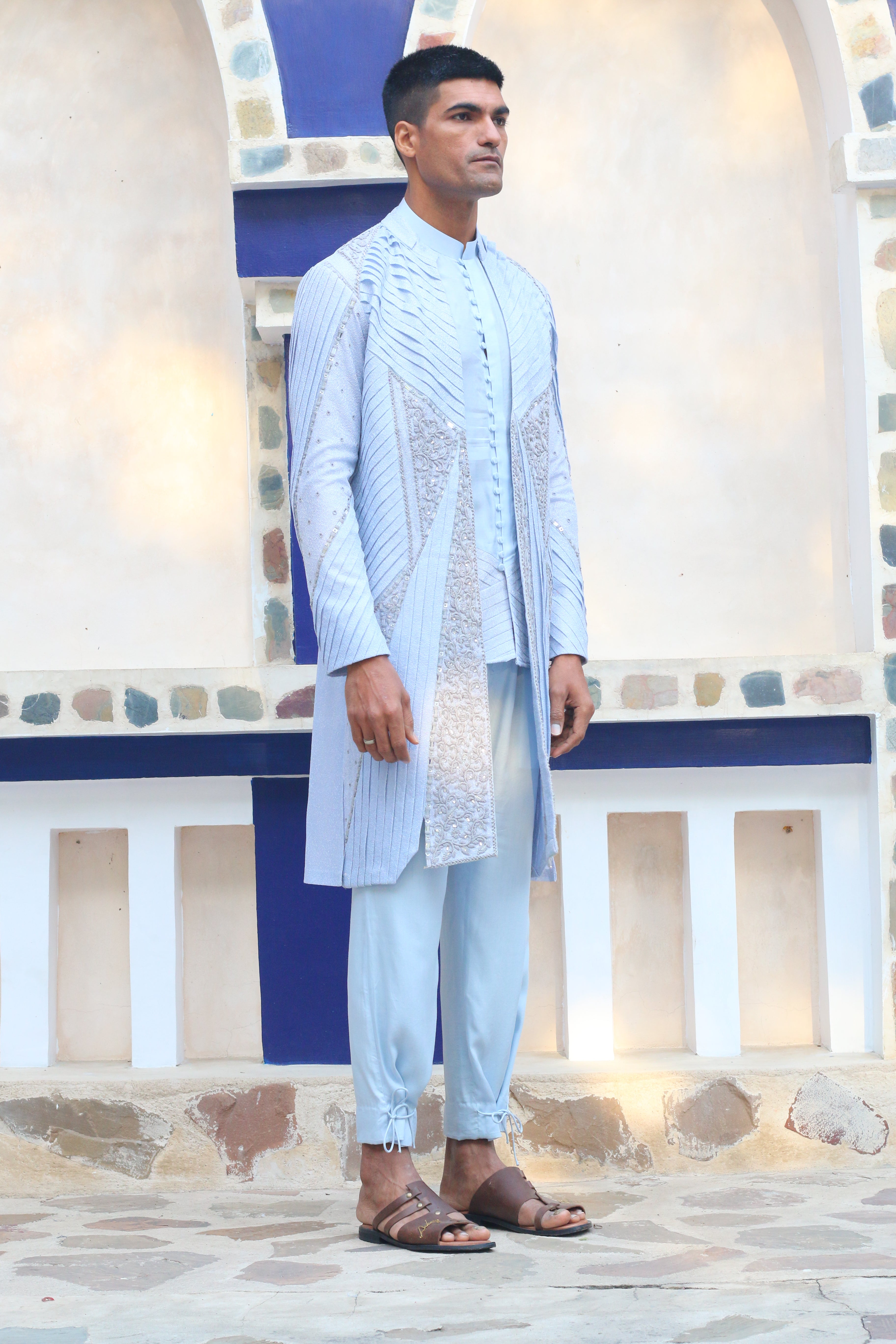 COLUMBIAN BLUE OVERLAY SHRUG WITH SHIRT AND PANTS