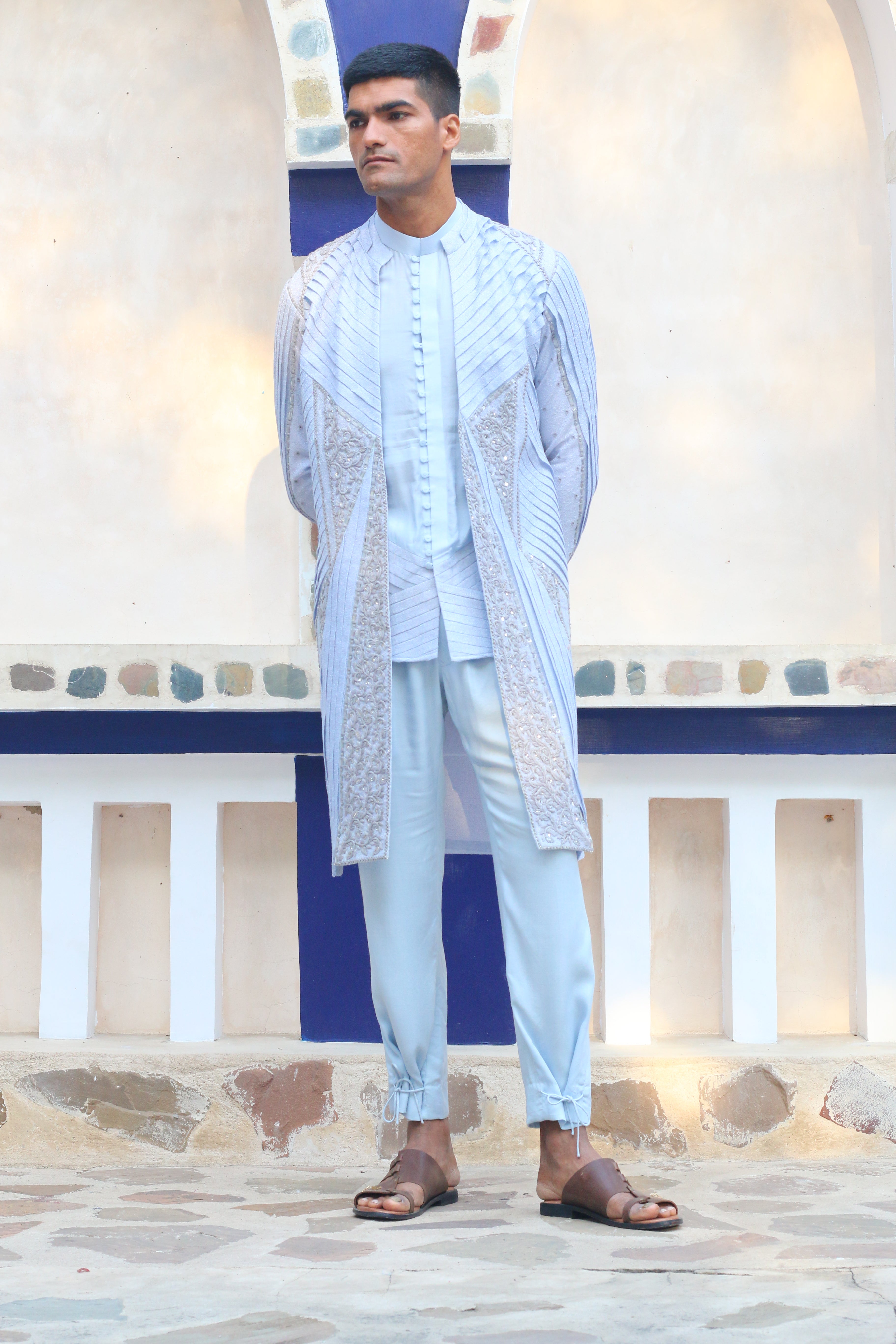 COLUMBIAN BLUE OVERLAY SHRUG WITH SHIRT AND PANTS
