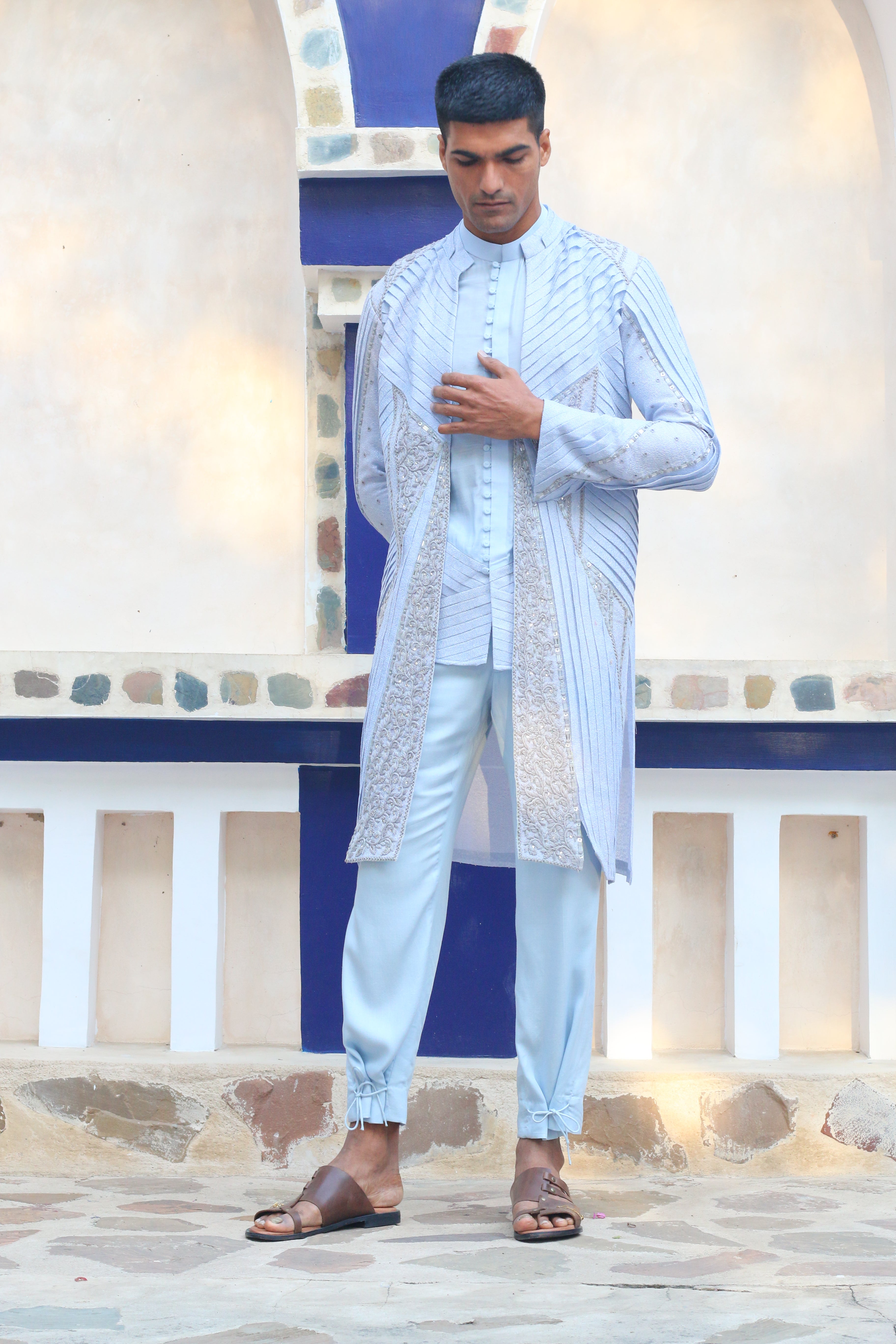 COLUMBIAN BLUE OVERLAY SHRUG WITH SHIRT AND PANTS