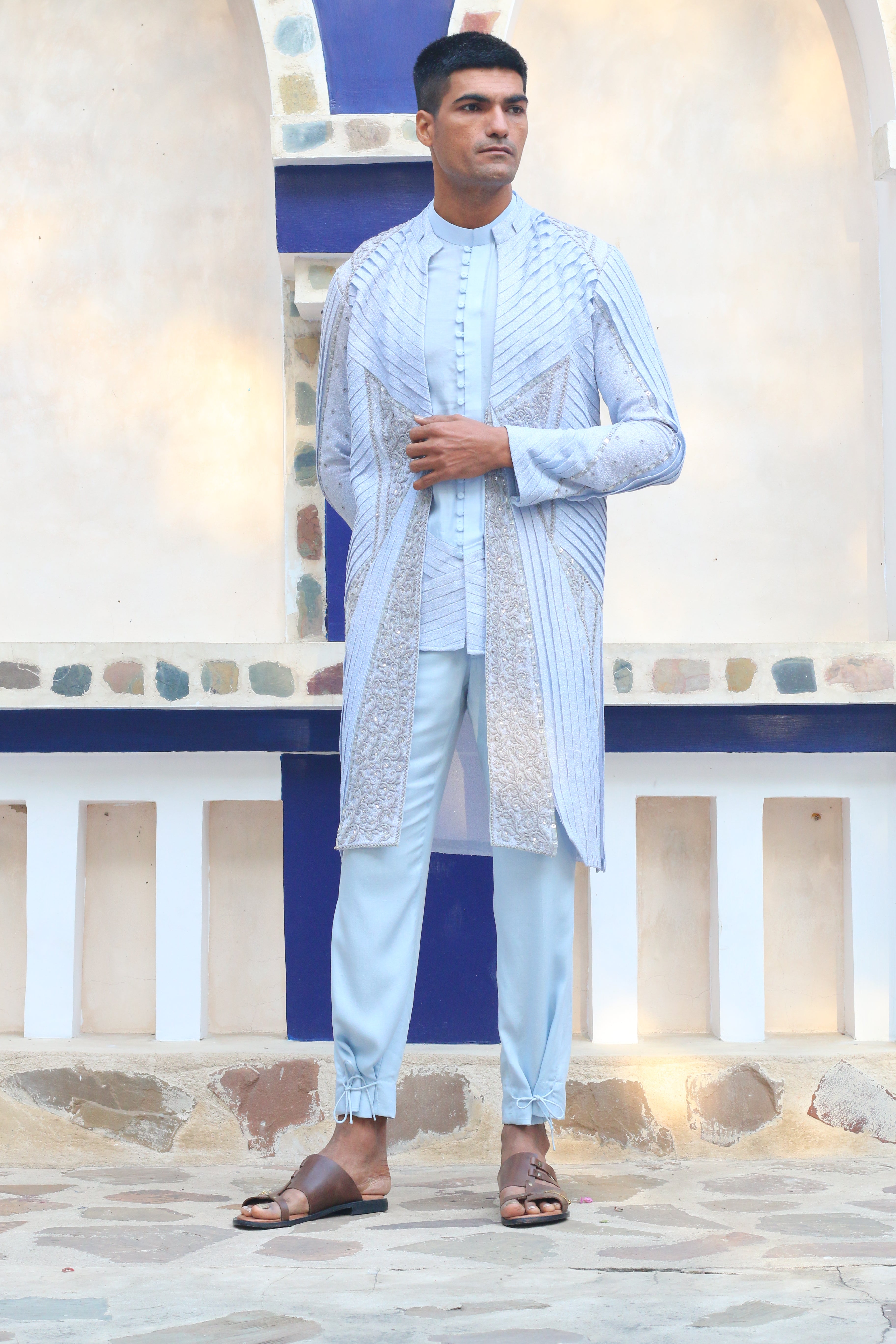 COLUMBIAN BLUE OVERLAY SHRUG WITH SHIRT AND PANTS