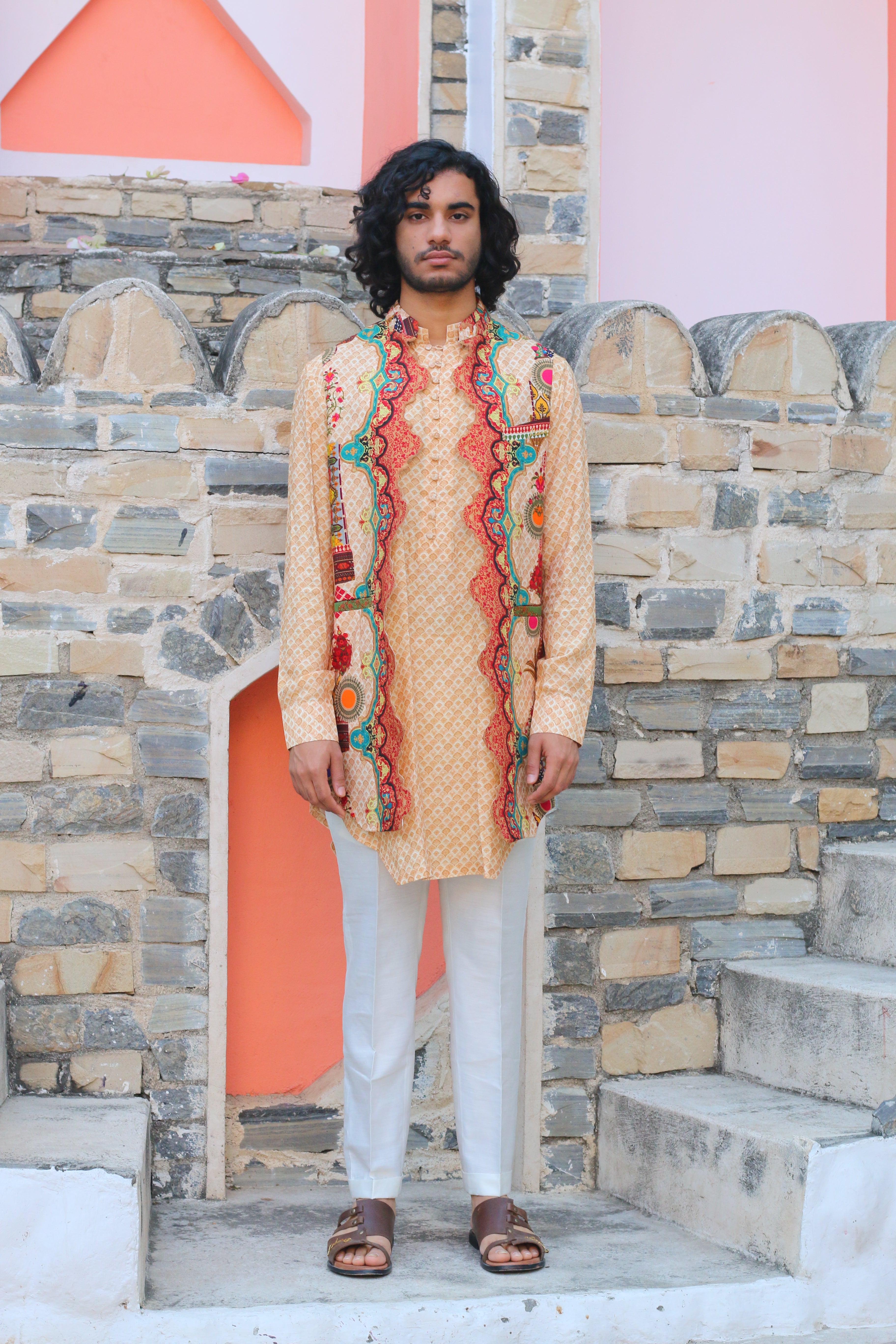 PEACH FUZZ PRINT KURTA WITH PANT PAJAMA AND WAISTCOAT