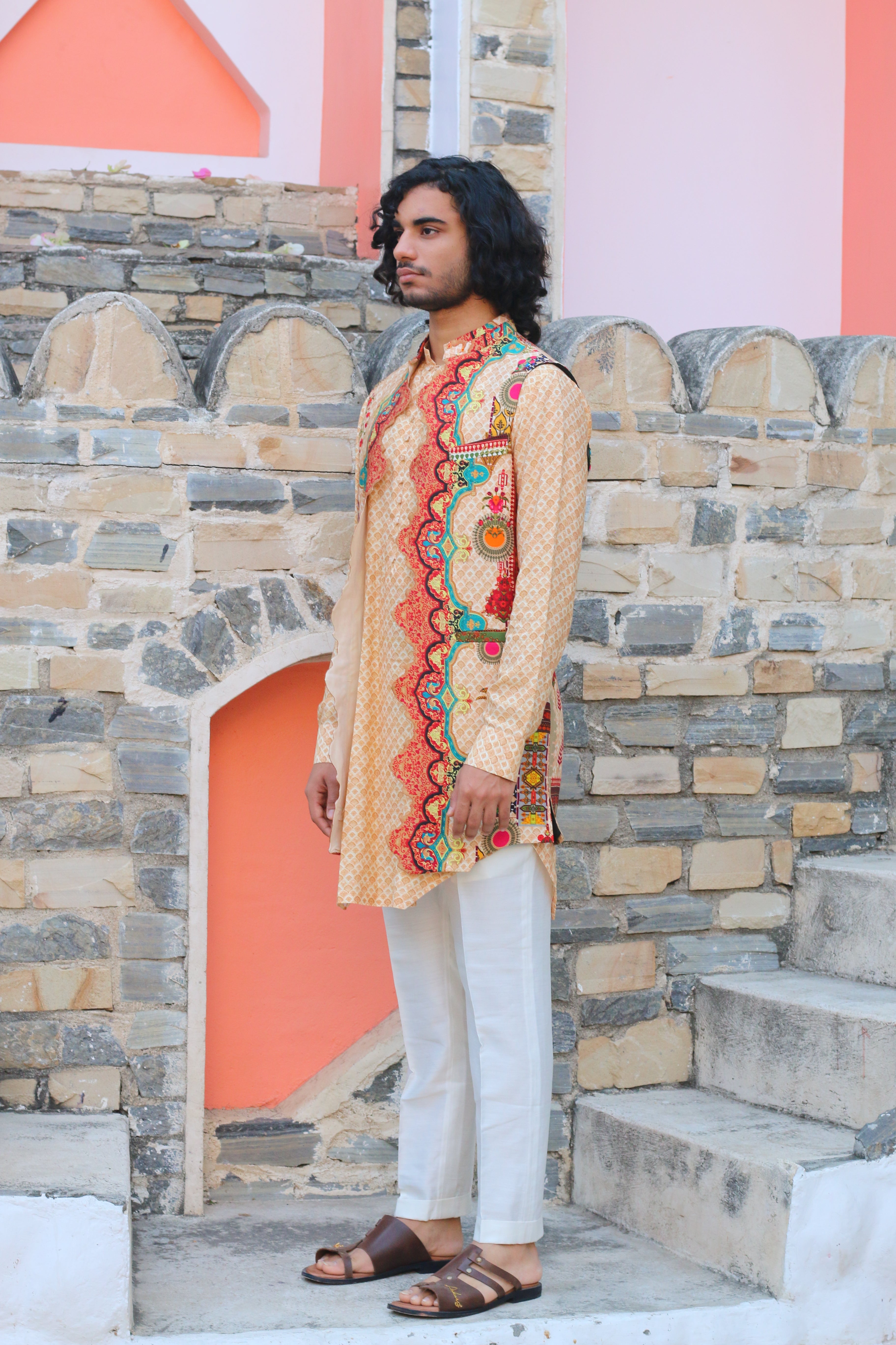 PEACH FUZZ PRINT KURTA WITH PANT PAJAMA AND WAISTCOAT