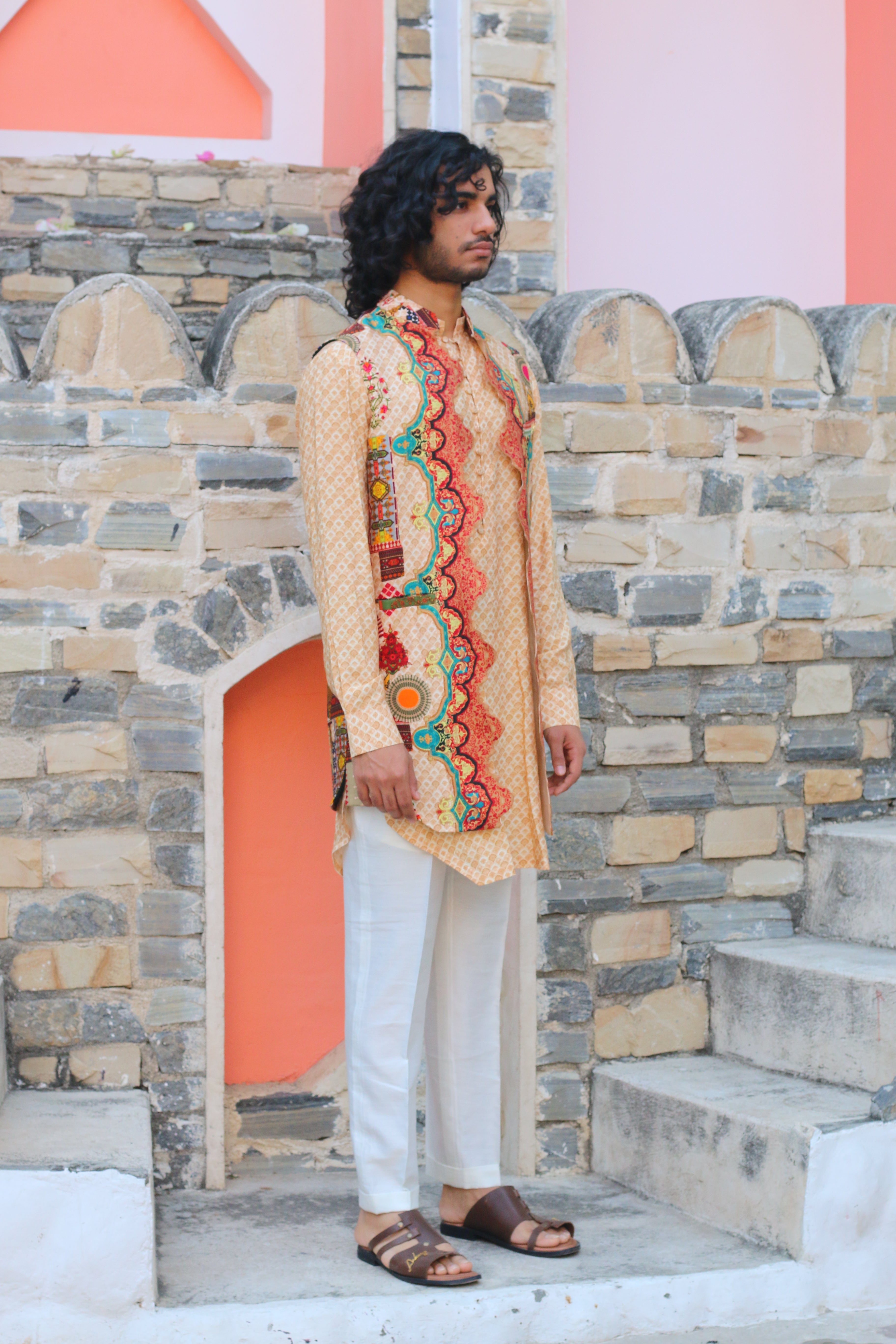 PEACH FUZZ PRINT KURTA WITH PANT PAJAMA AND WAISTCOAT