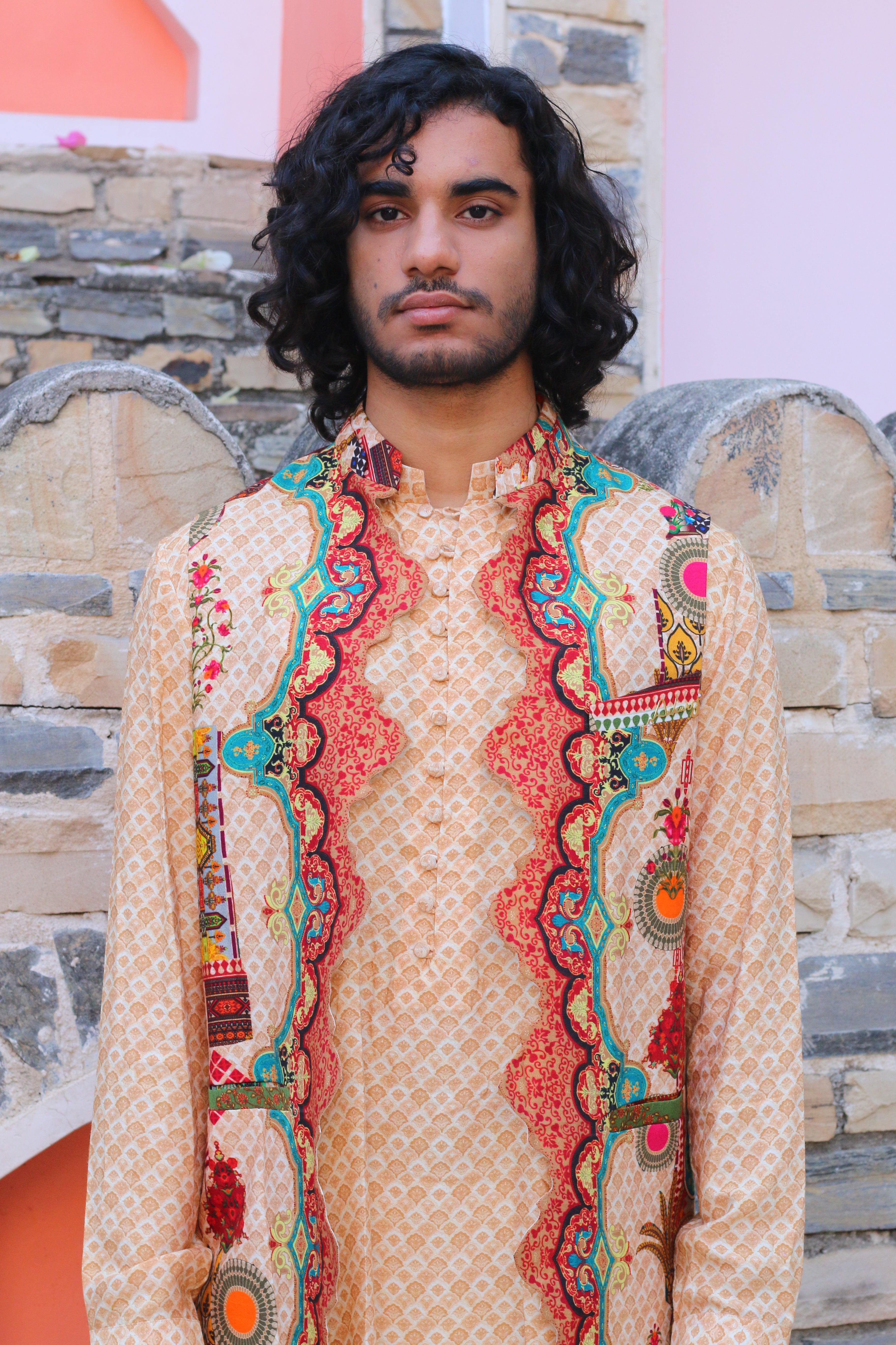 PEACH FUZZ PRINT KURTA WITH PANT PAJAMA AND WAISTCOAT