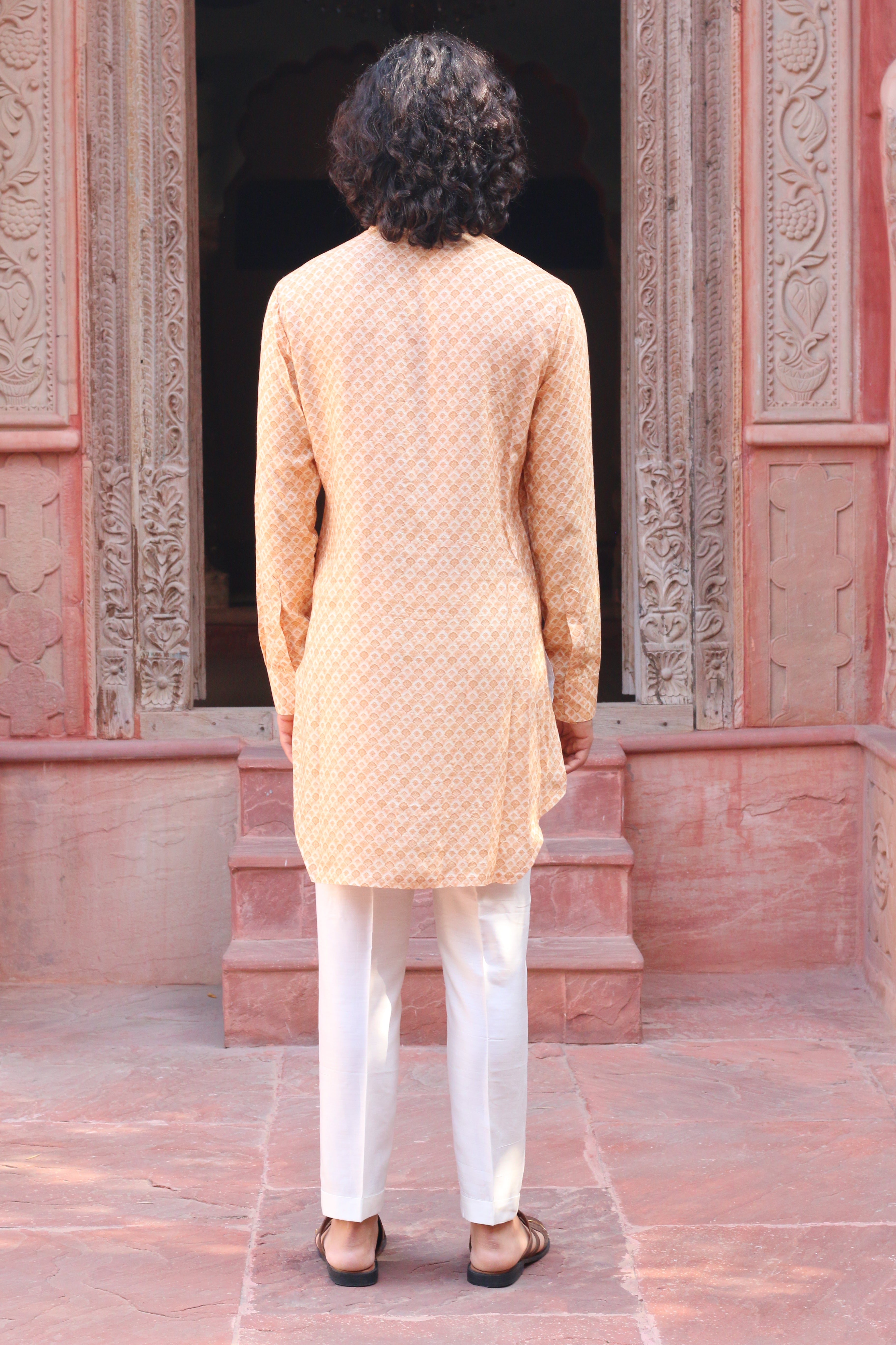 PEACH FUZZ PRINT KURTA WITH PANT PAJAMA AND WAISTCOAT