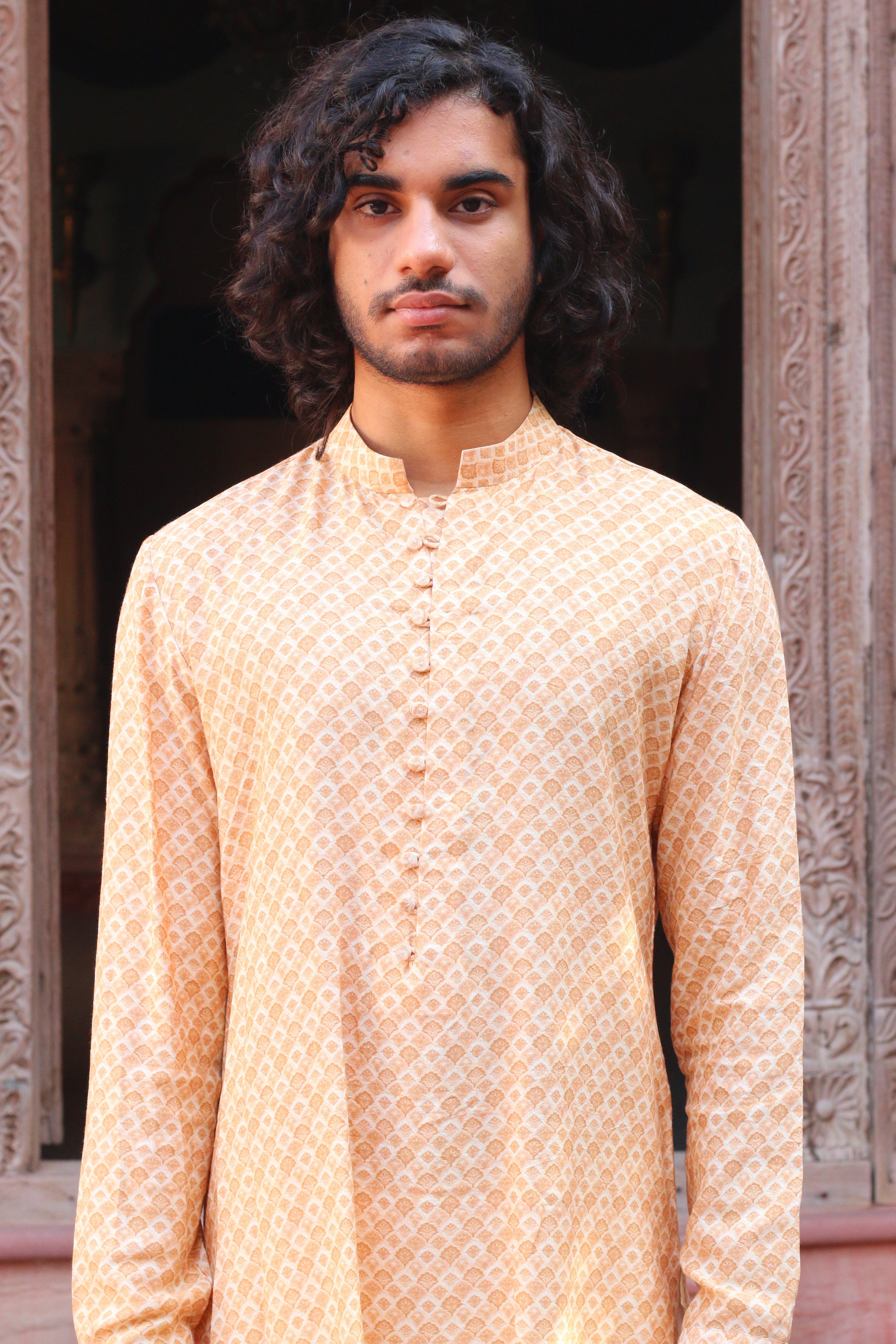 PEACH FUZZ PRINT KURTA WITH PANT PAJAMA AND WAISTCOAT