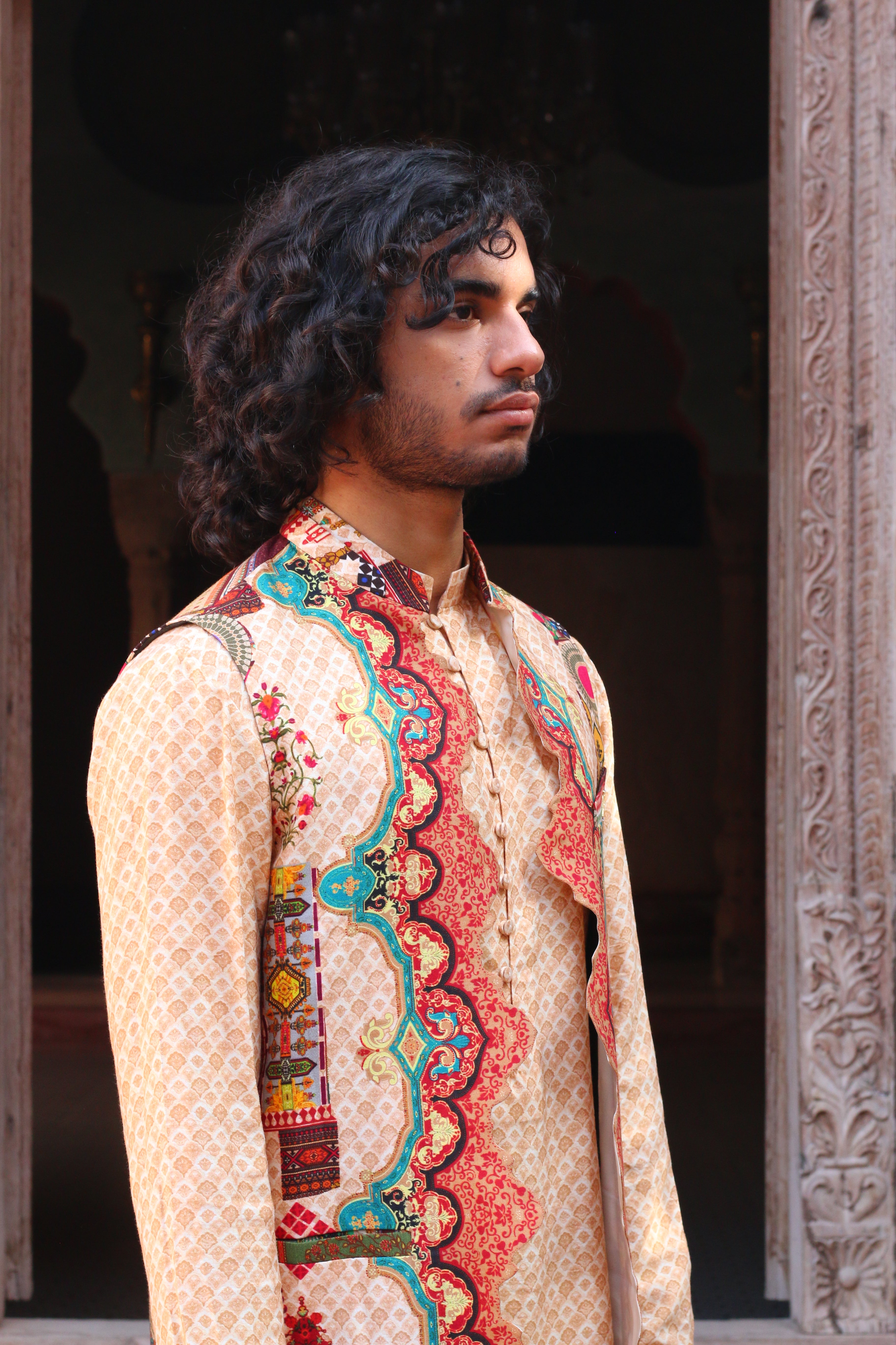PEACH FUZZ PRINT KURTA WITH PANT PAJAMA AND WAISTCOAT