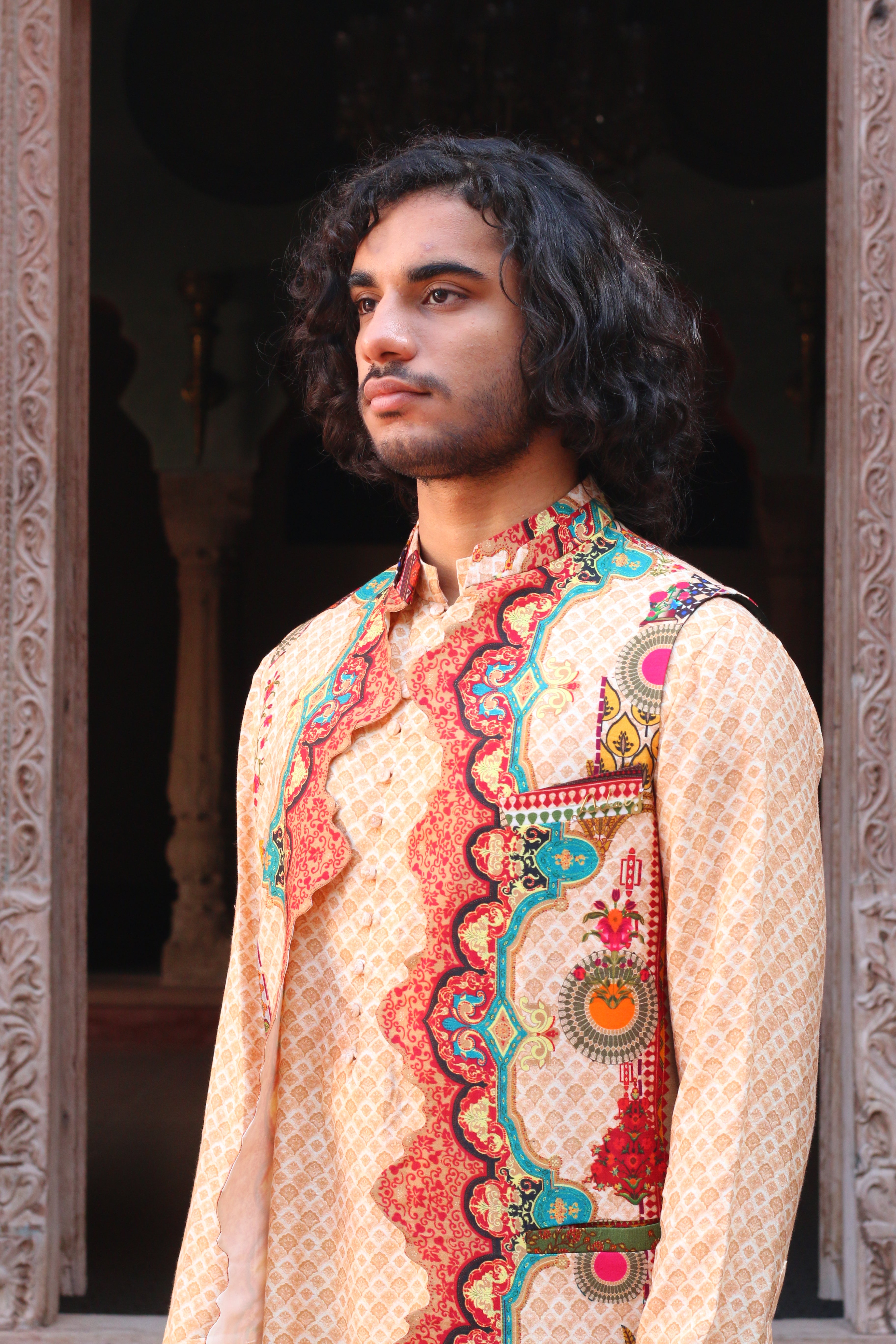 PEACH FUZZ PRINT KURTA WITH PANT PAJAMA AND WAISTCOAT