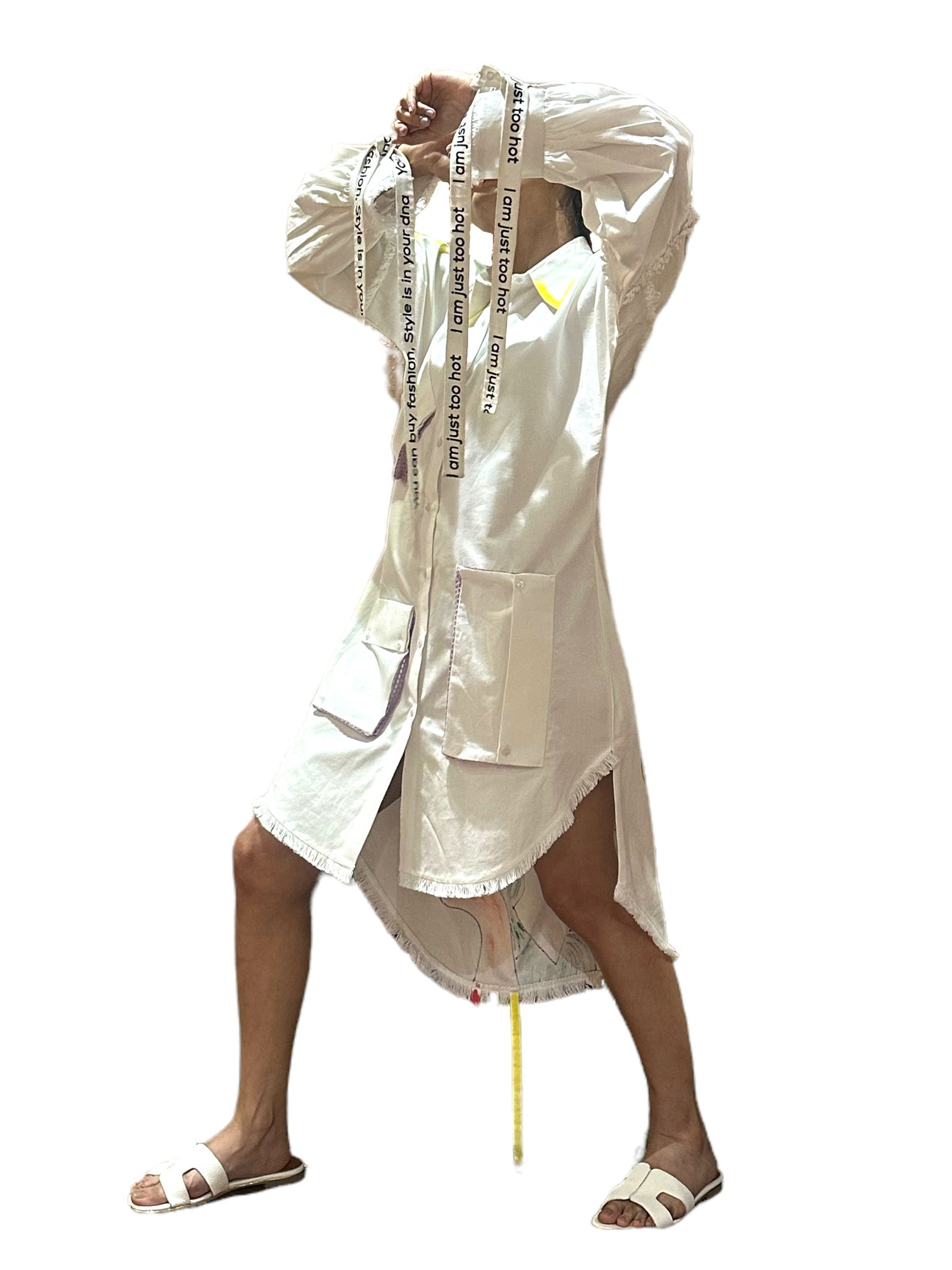 WHITE LONG SHIRT DRESS WITH POCKETS AND STINGS