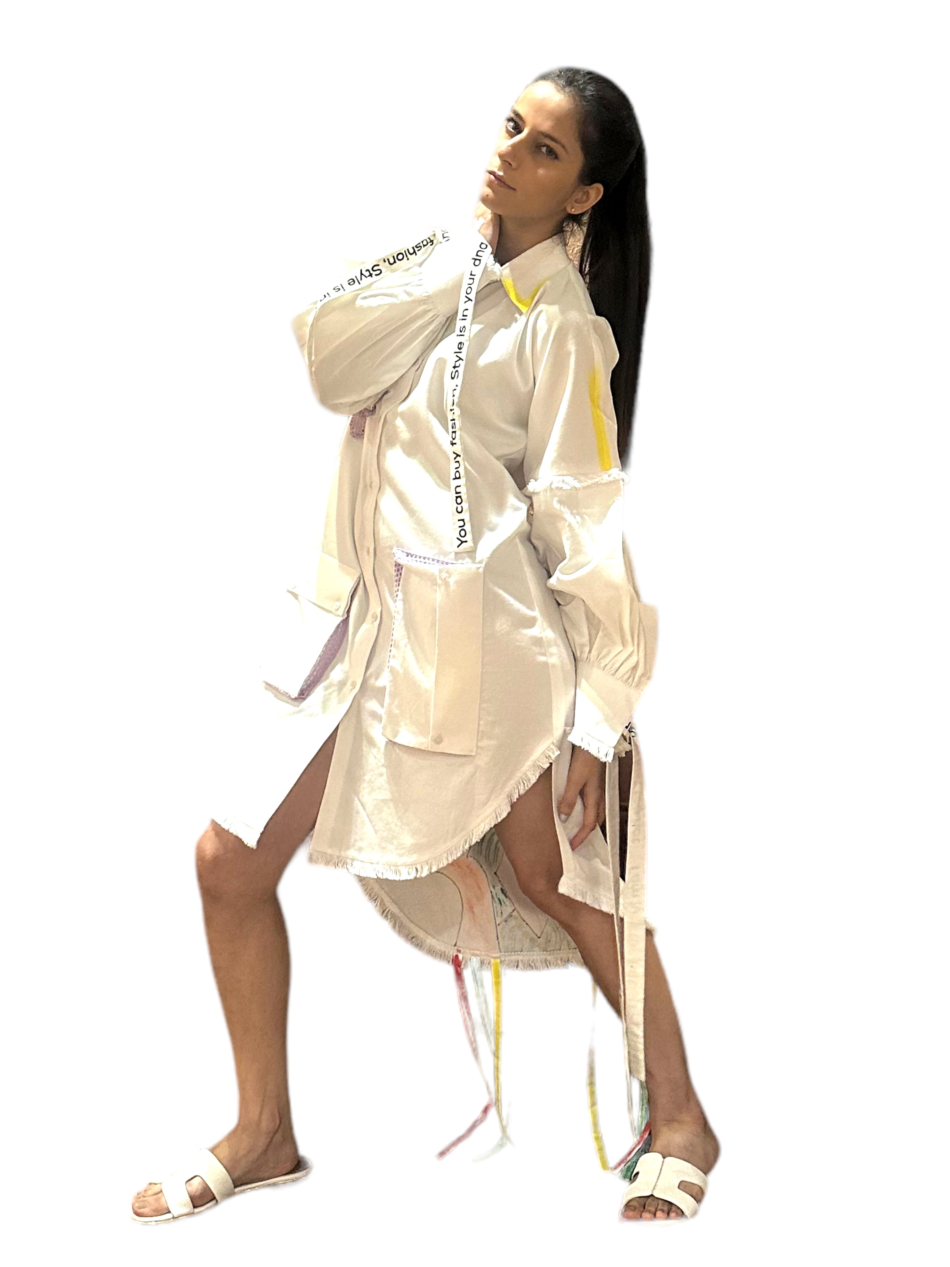 WHITE LONG SHIRT DRESS WITH POCKETS AND STINGS