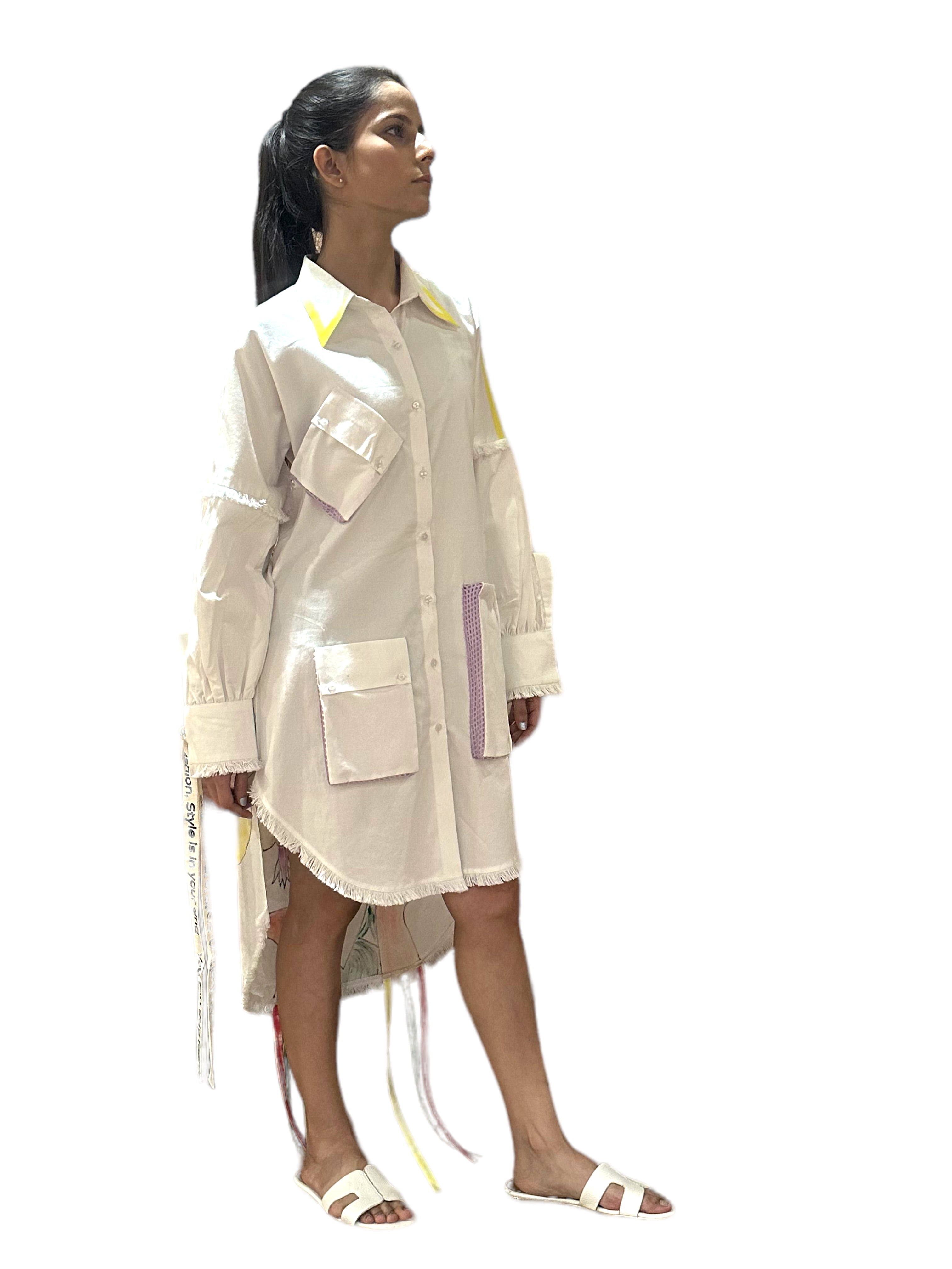 WHITE LONG SHIRT DRESS WITH POCKETS AND STINGS
