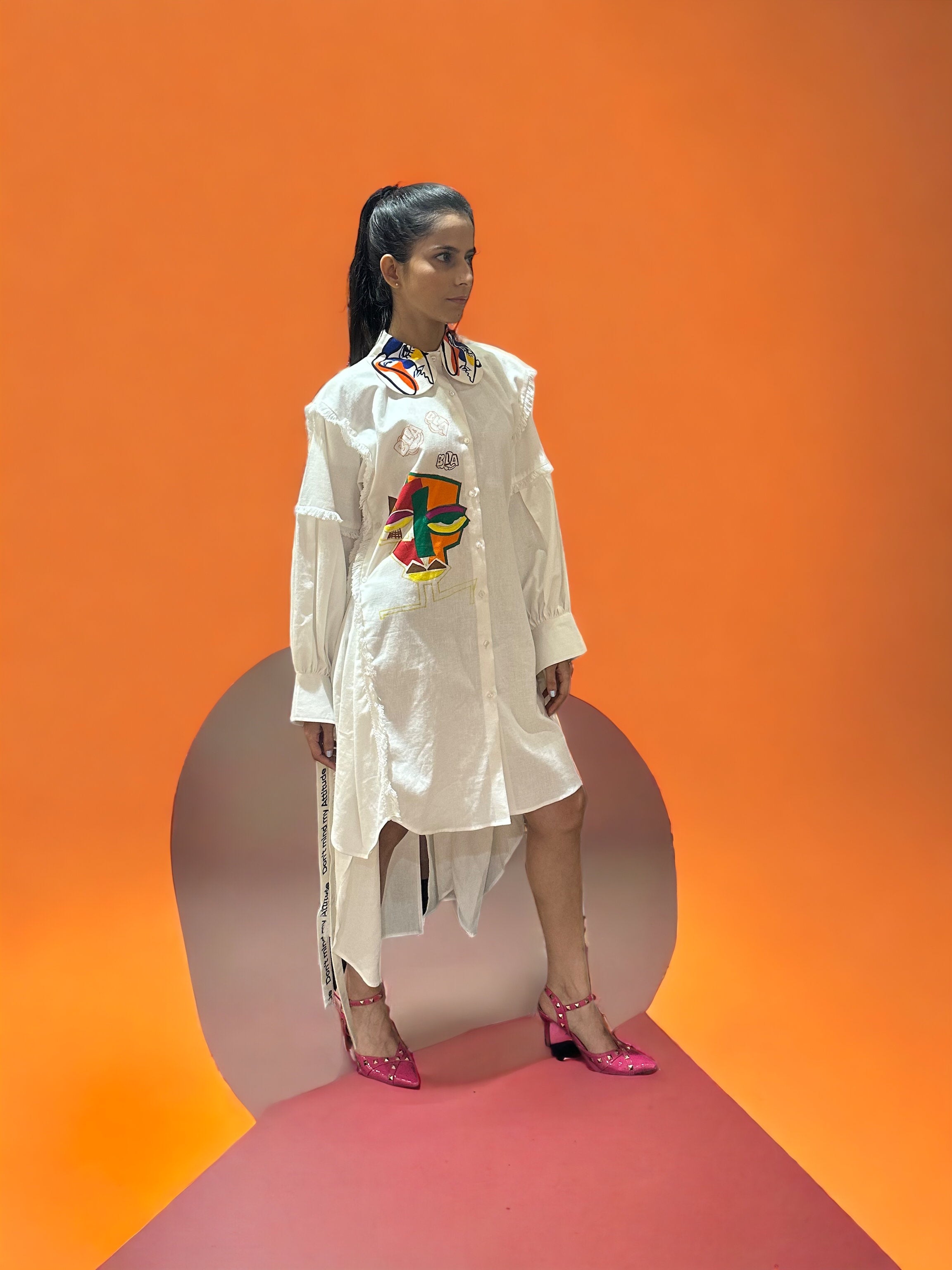 WHITE LONG SHIRT DRESS WITH POCKETS AND STINGS