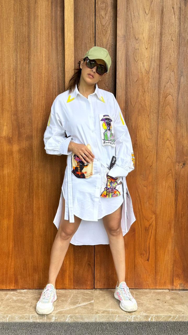 GENELIA DESHMUKH in Ankur J printed pockets shirt dress