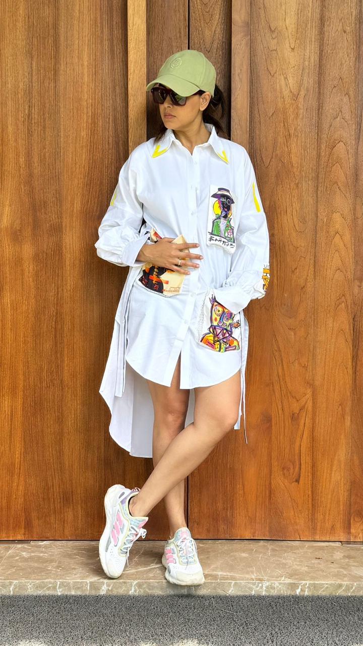 GENELIA DESHMUKH in Ankur J printed pockets shirt dress
