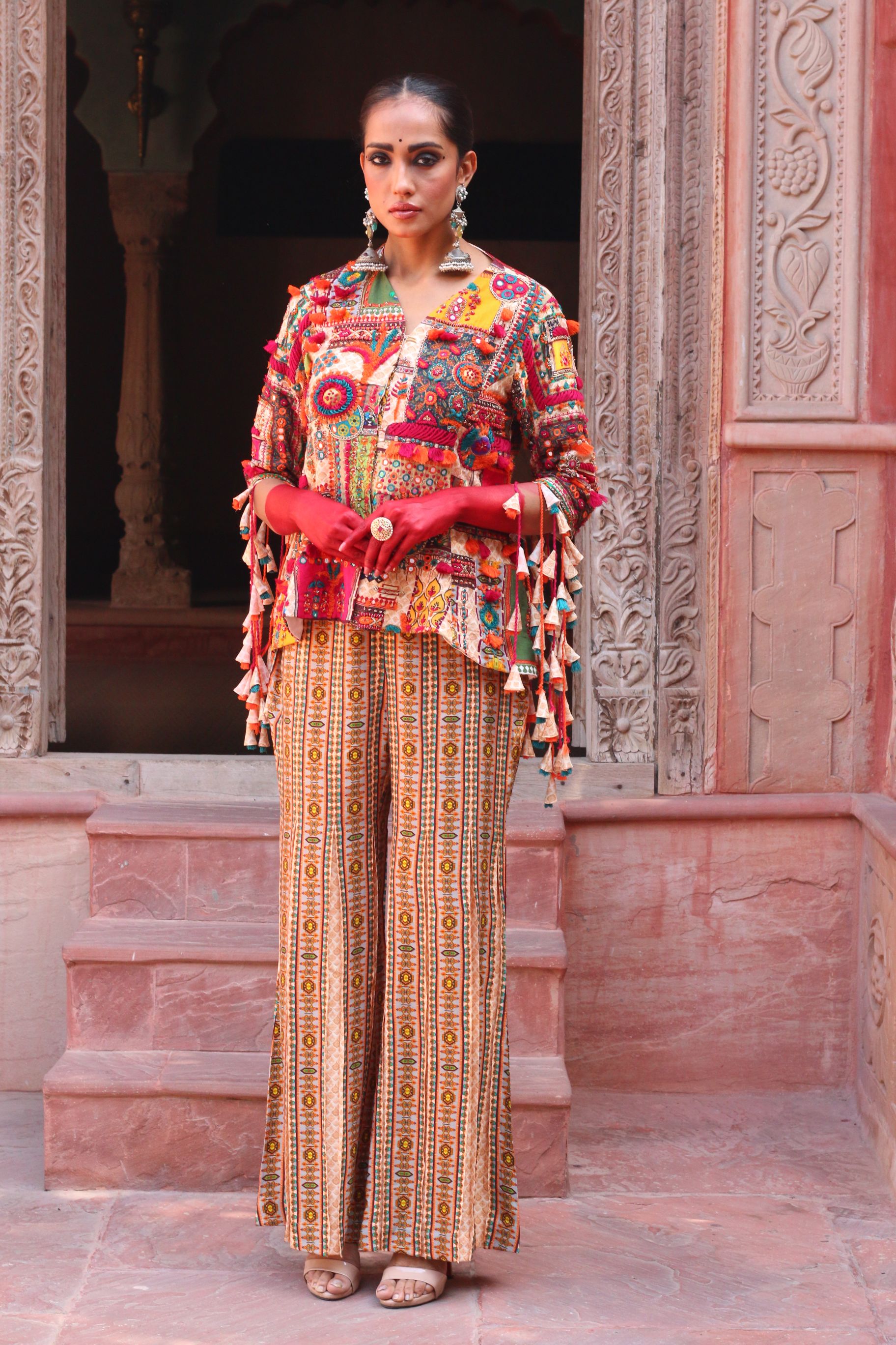 OVERLAY BODICE JACKET WITH PLEATED PARALLEL PLAZZO PANTS INDOWESTERN