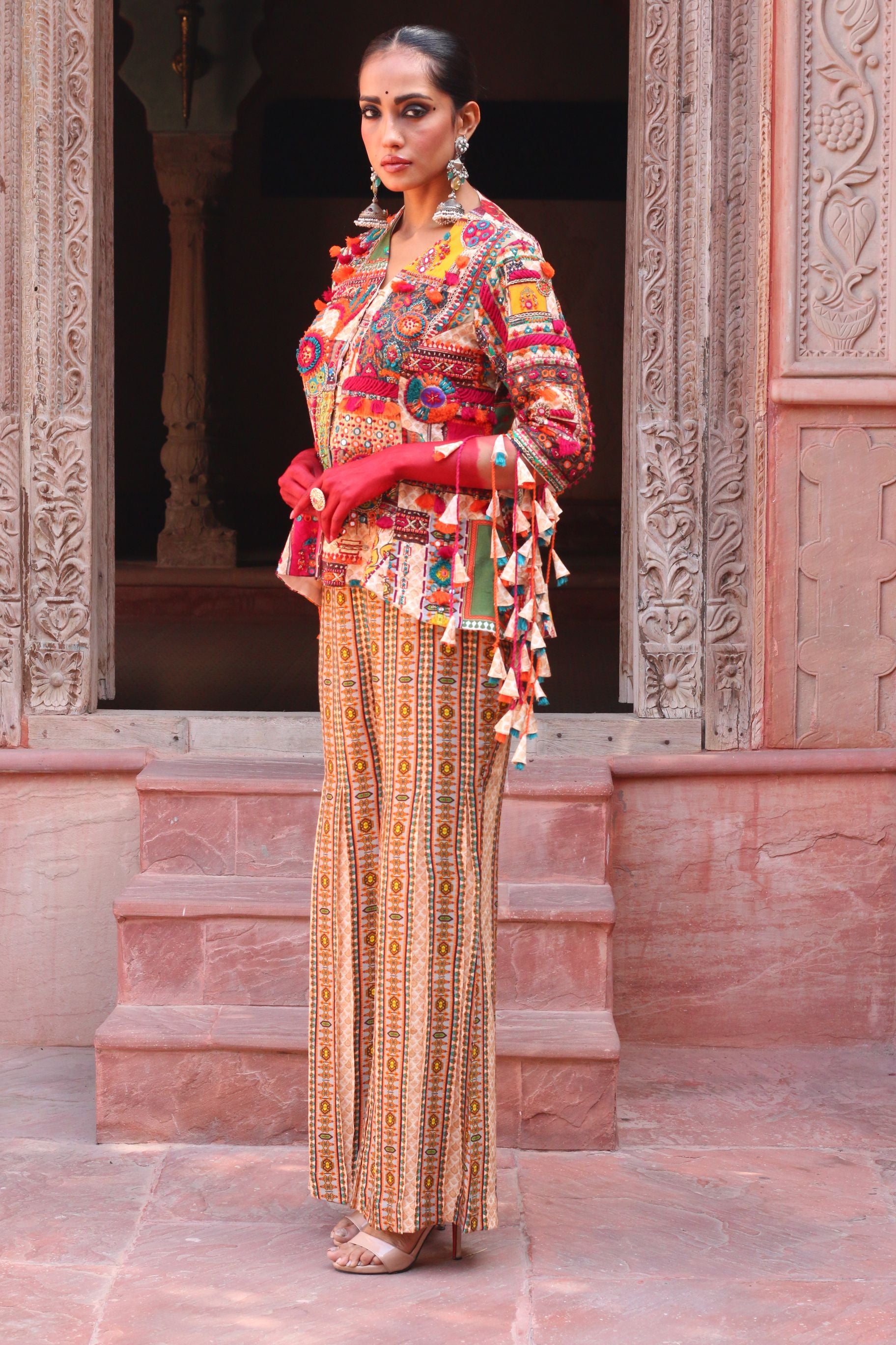 OVERLAY BODICE JACKET WITH PLEATED PARALLEL PLAZZO PANTS INDOWESTERN