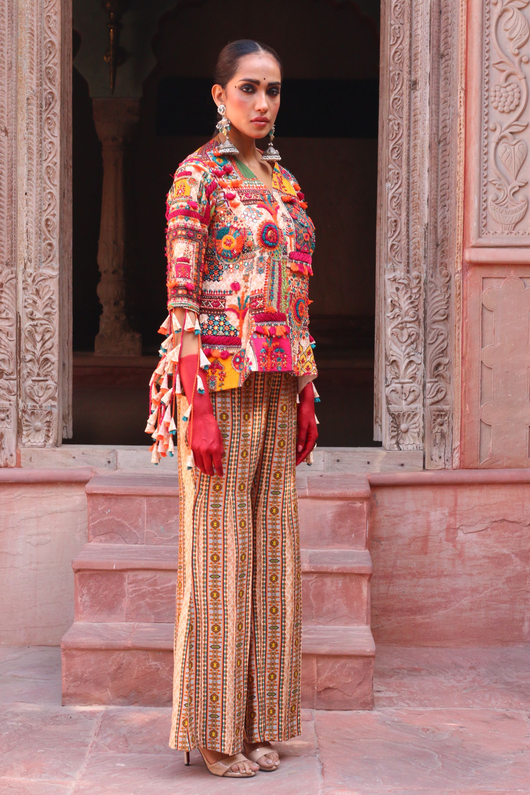OVERLAY BODICE JACKET WITH PLEATED PARALLEL PLAZZO PANTS INDOWESTERN