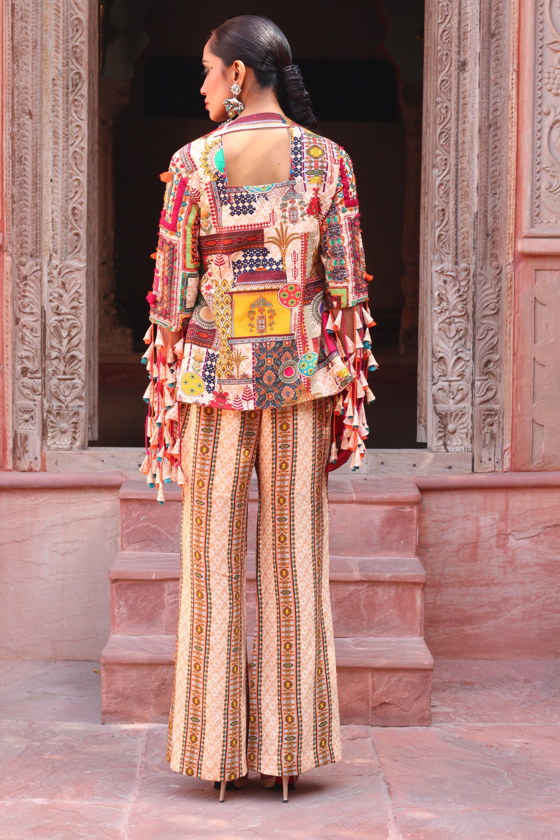 OVERLAY BODICE JACKET WITH PLEATED PARALLEL PLAZZO PANTS INDOWESTERN