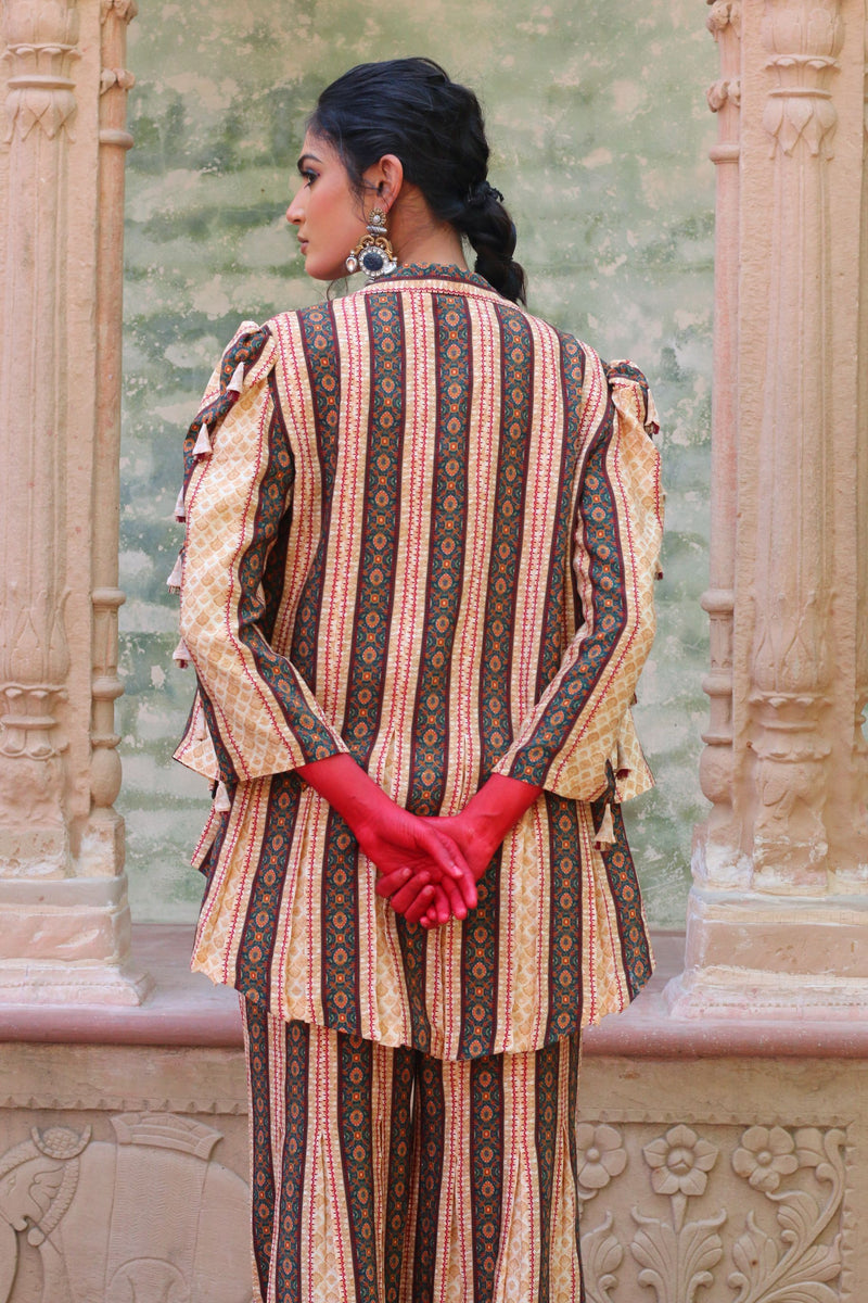 ALABASTER COLOR LAPEL JACKET WITH BODICE AND PALAZZO PANTS INDO WESTERN