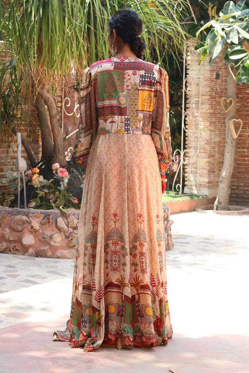 SIGNATURE PRINTS EMBROIDERED APRICOT BUSTIER AND DRAPE SKIRT WITH OVERLAY INDO WESTERN