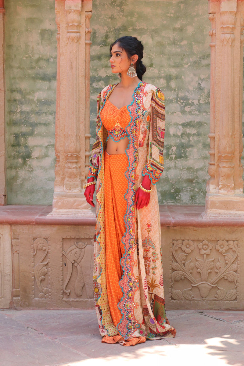 SIGNATURE PRINTS EMBROIDERED APRICOT BUSTIER AND DRAPE SKIRT WITH OVERLAY INDO WESTERN