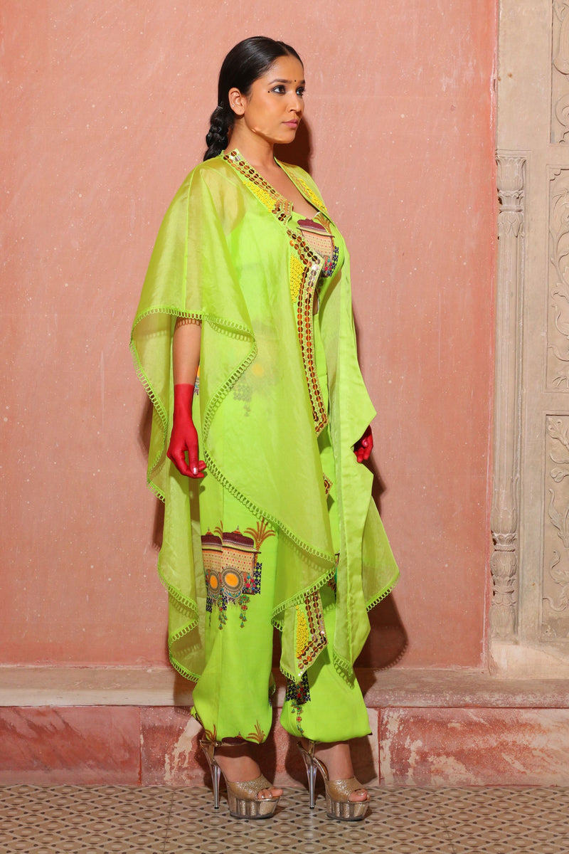 CORAL GREEN CAPE WITH JUMPSUIT INDO WESTERN