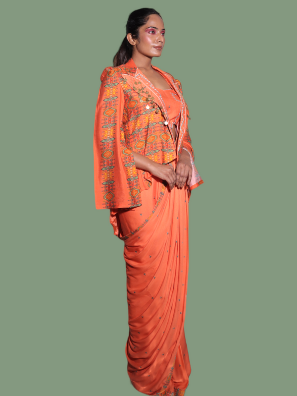 Pleated jacket drape indowestern saree ( rust peach )