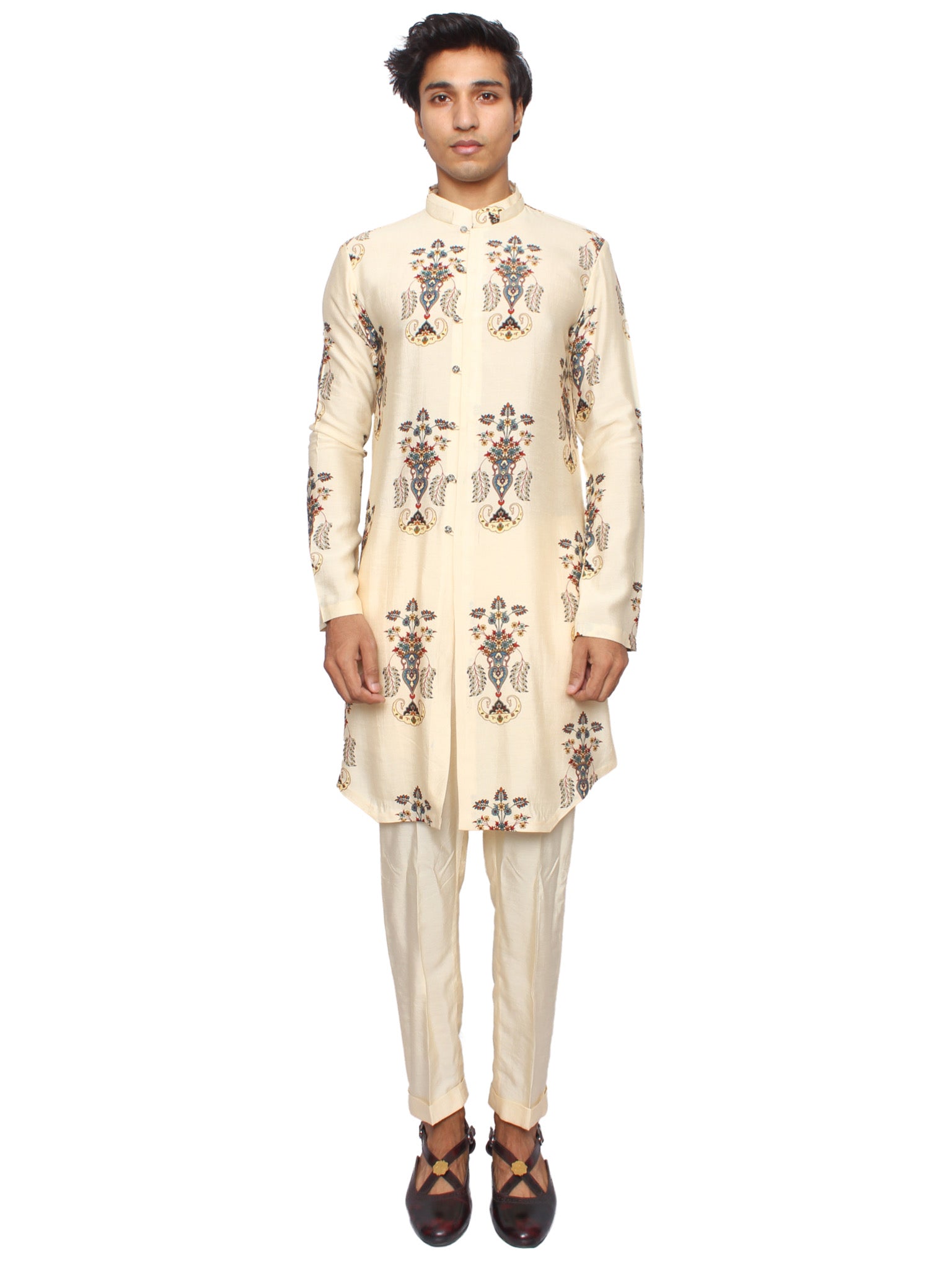 front open ivory print kurta set