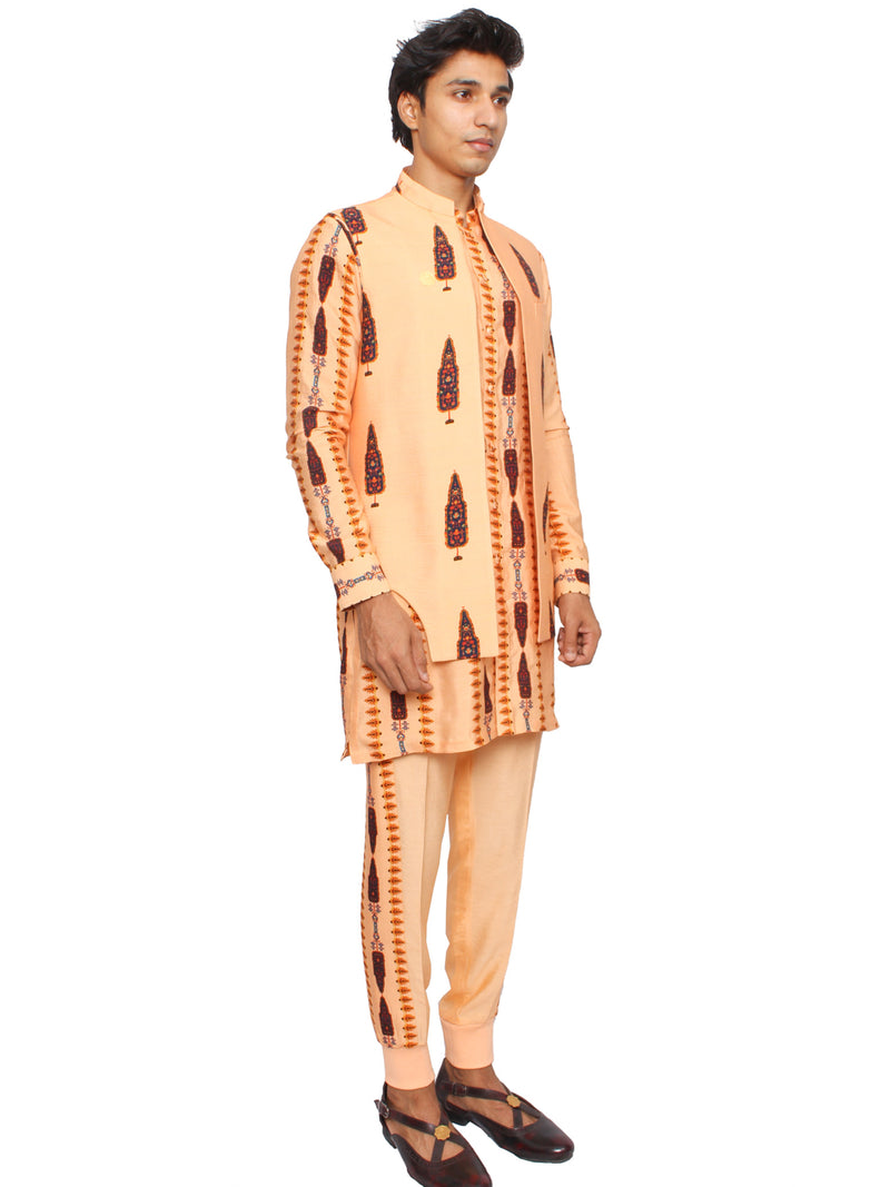 Peach short kurta with waistcoat (v2) and jogger pants