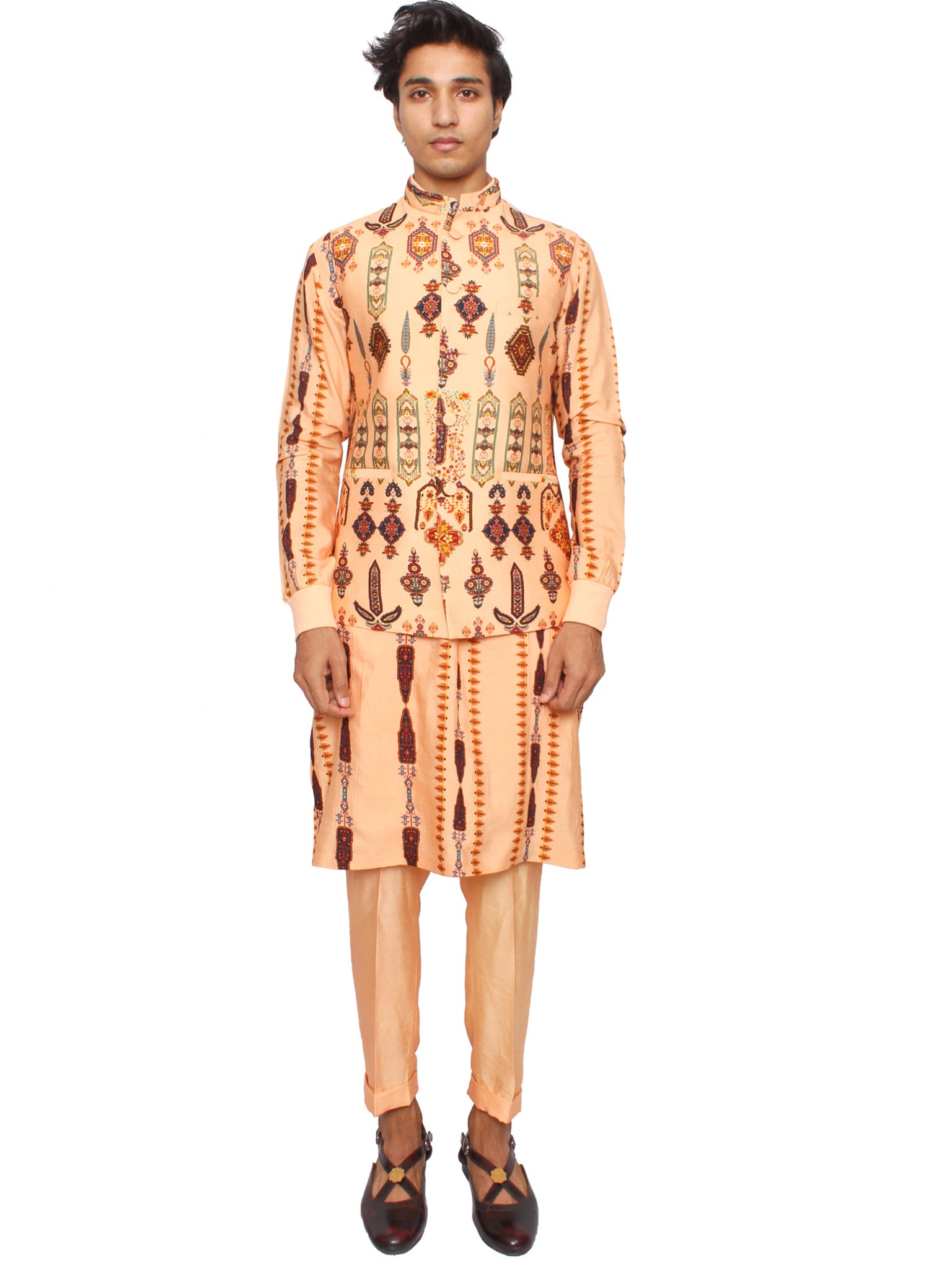 Peach long ribbed kurta with waistcoat and jogger pants