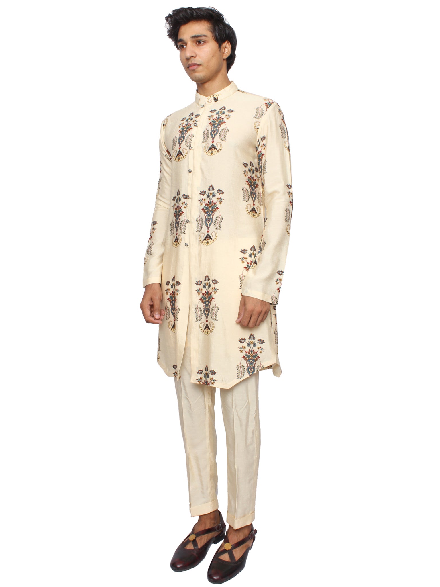 front open ivory print kurta set