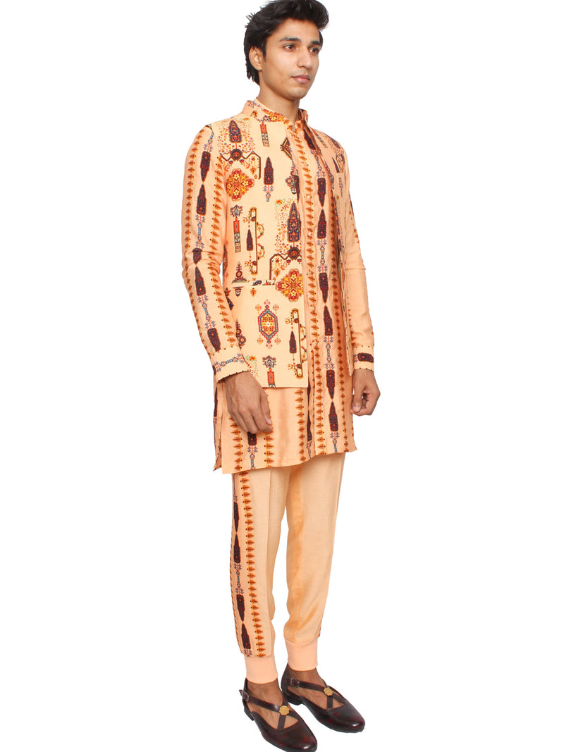 Peach short open kurta with waistcoat and jogger pants