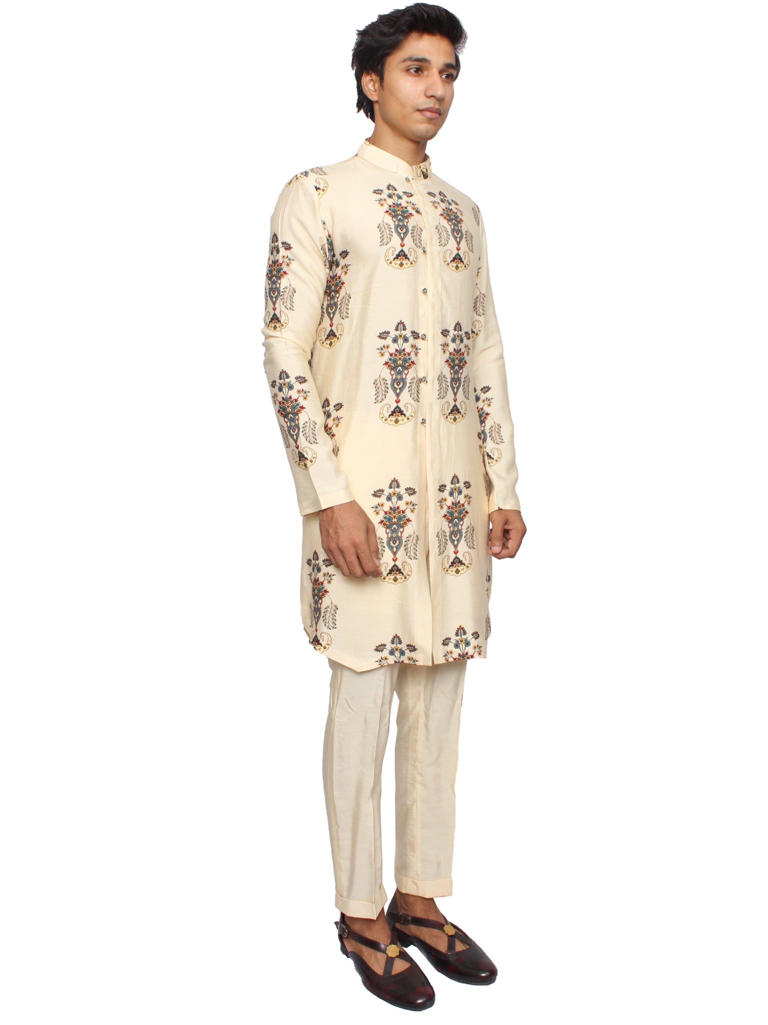 front open ivory print kurta set