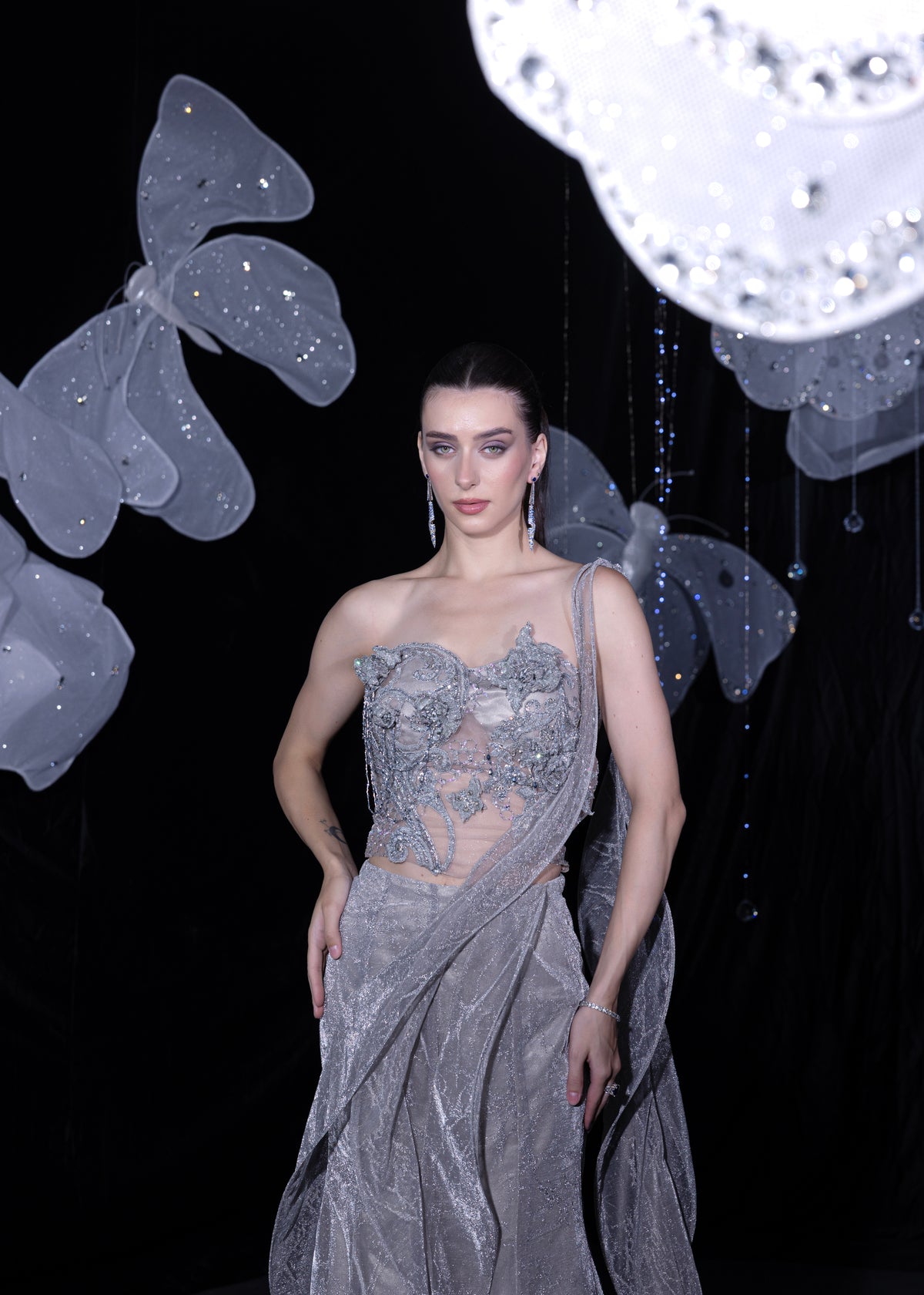 The midnight silver draped saree set