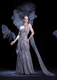 The midnight silver draped saree set