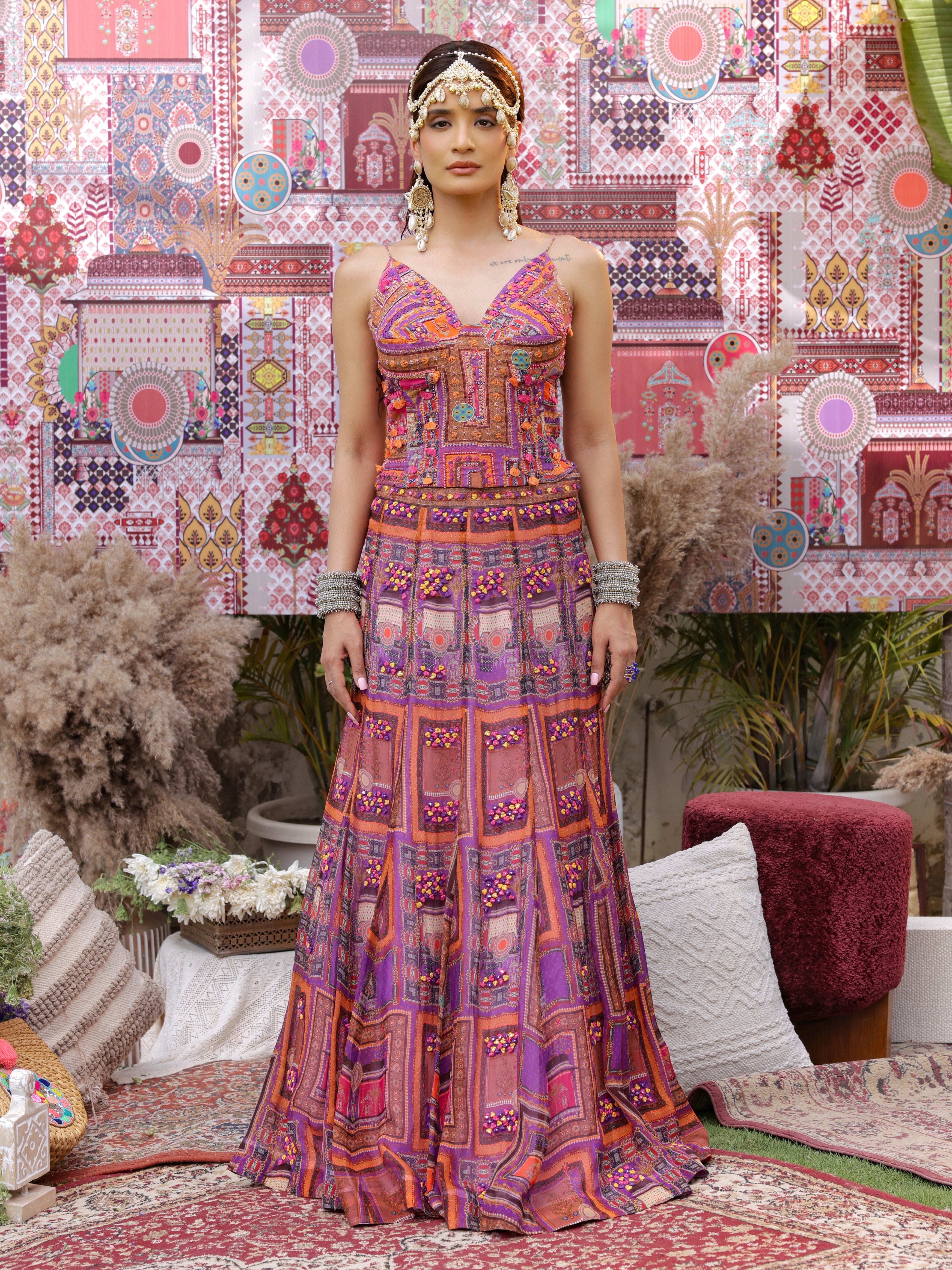 Mystic purple print embroidered corset and lehenga set