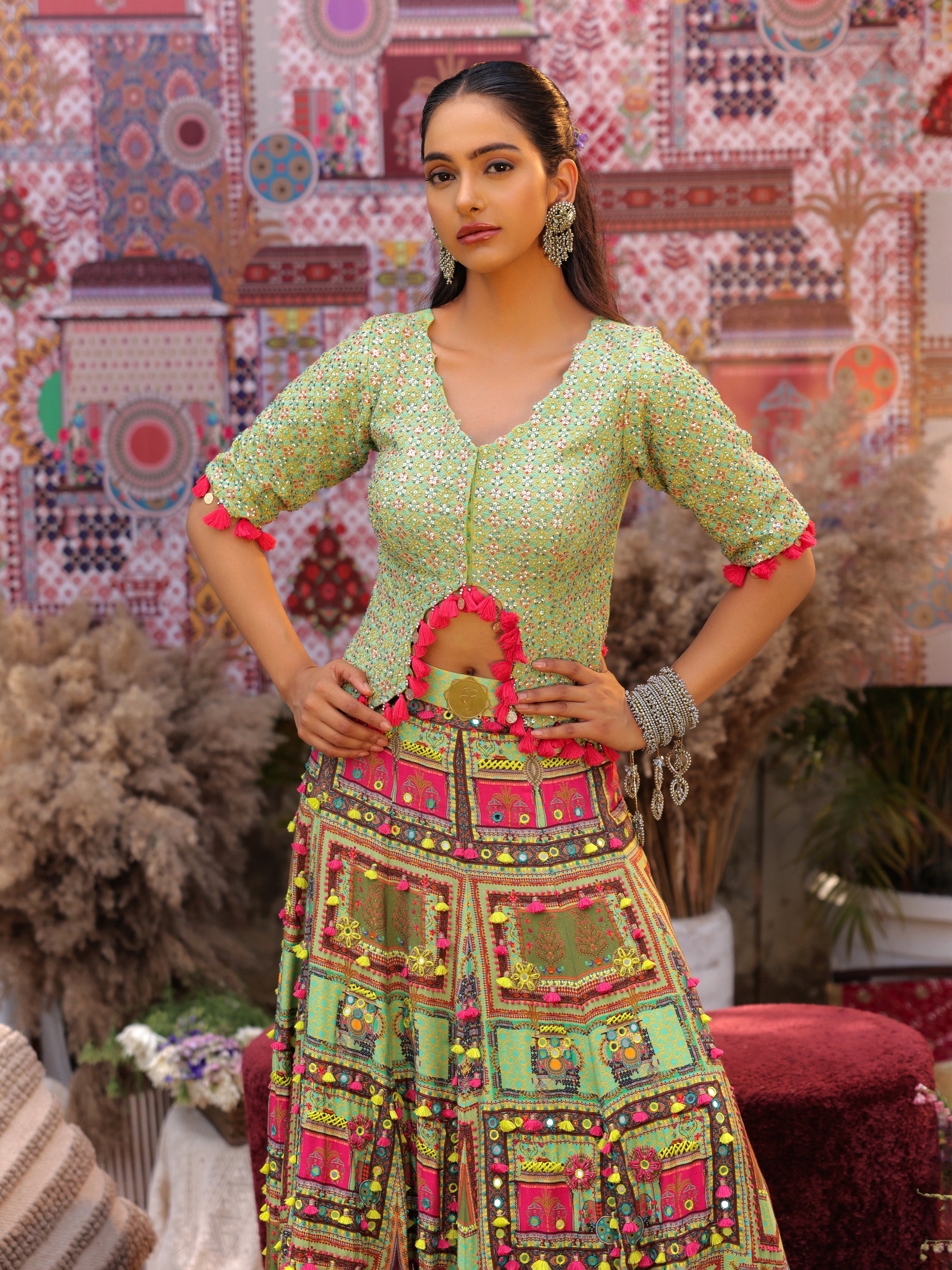 Meadow Green multi-coloured Embroidered Lehenga & Bodice with Pom-Pom embellishments