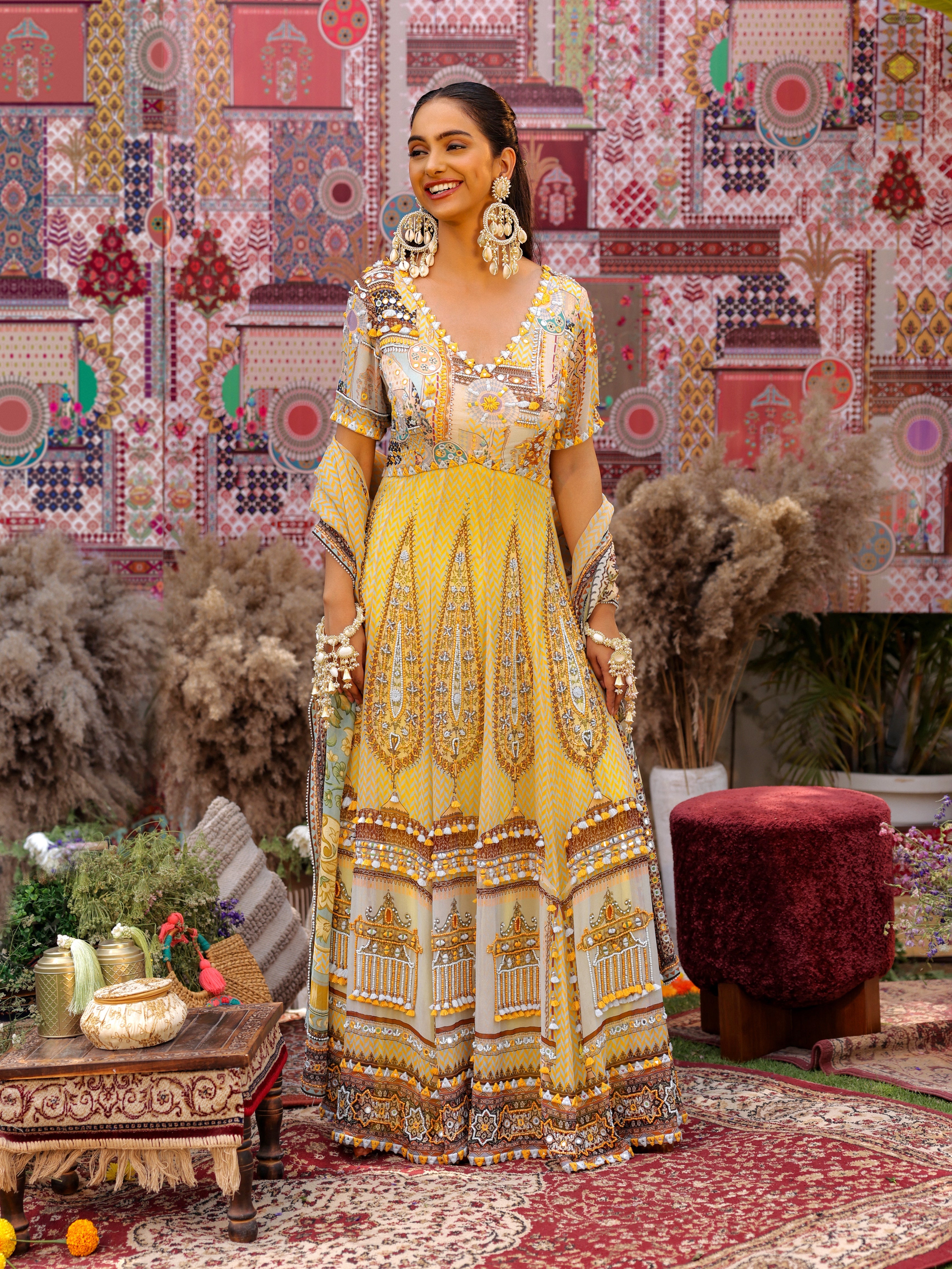 Bloom yellow print embroidered Anarkali with dupatta