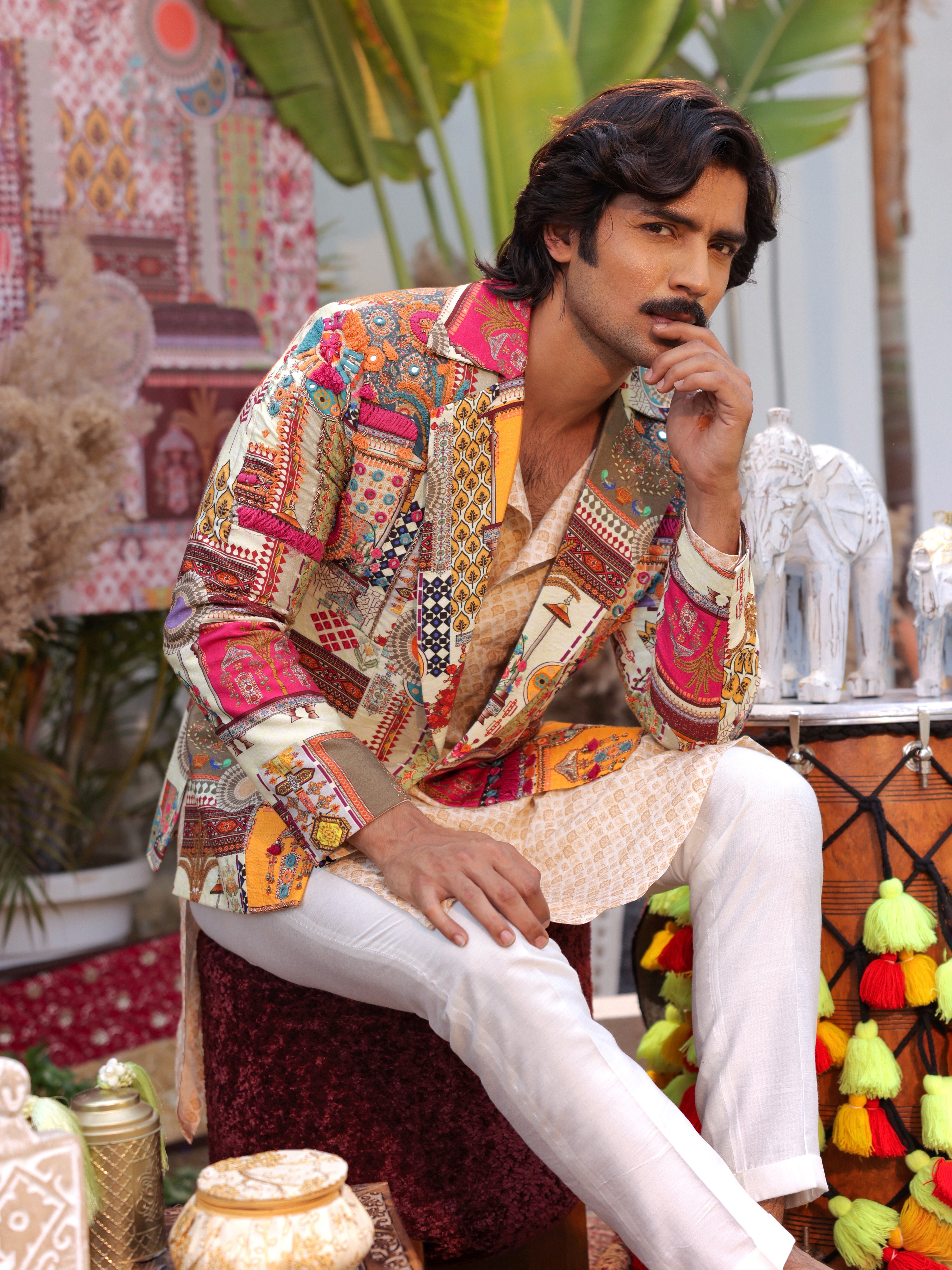 Powder yellow multi-coloured blazer with kurta and pants
