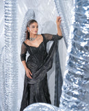 Black corset saree, embellished with crushed and failed ethno strip with signature zardozdi embroidery neo